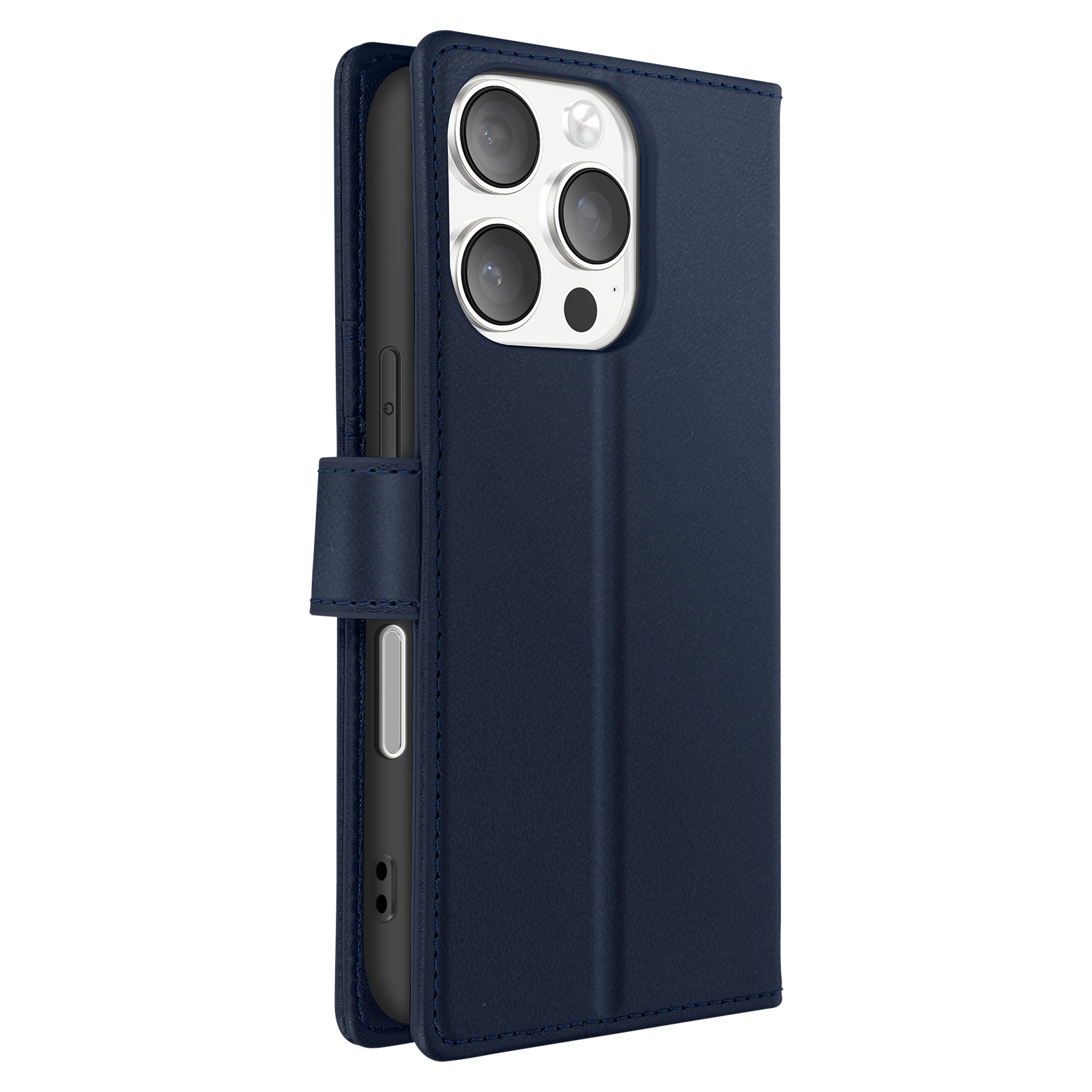 Custodia a portafoglio blu scuro per telefono chiusa, che mostra gli obiettivi della fotocamera del telefono. La custodia è blu scuro.