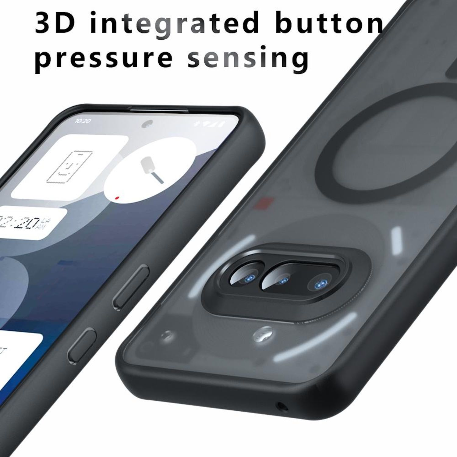 Zwei schwarze Handyhüllen, eine mit Telefonbildschirm, die andere mit Kameradetails. Mit Magnetring.