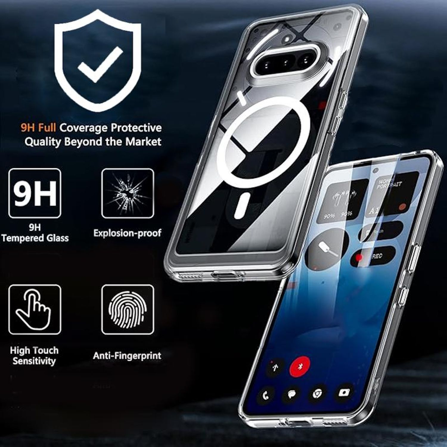 Zwei Telefone, eines in einer schwarzen Hülle. Die Hüllen sind transparent mit Grafiken. Weißer Hintergrund.