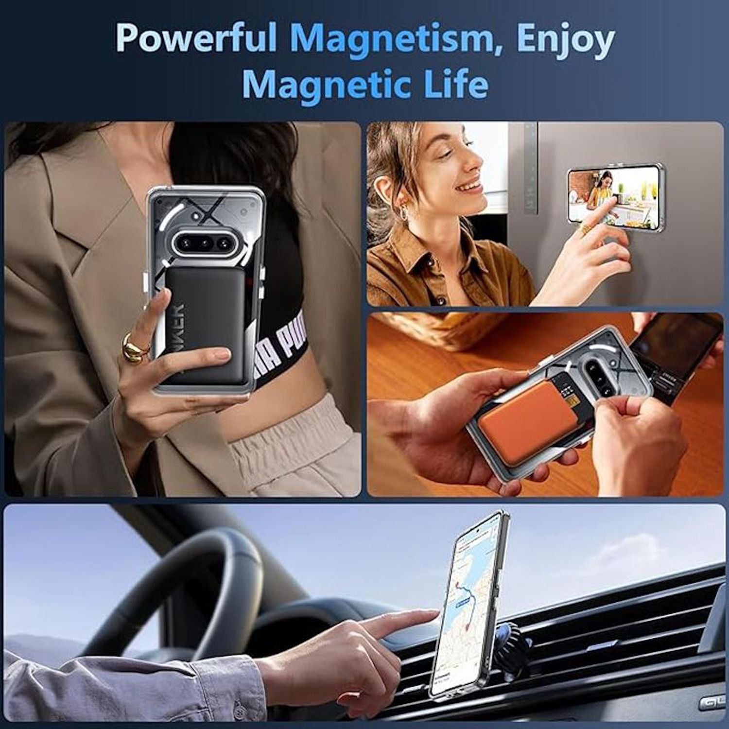 Collage einer Handyhülle mit Magnetfunktion. Szenen zeigen eine Frau, einen Kühlschrank und eine Autolüftung.