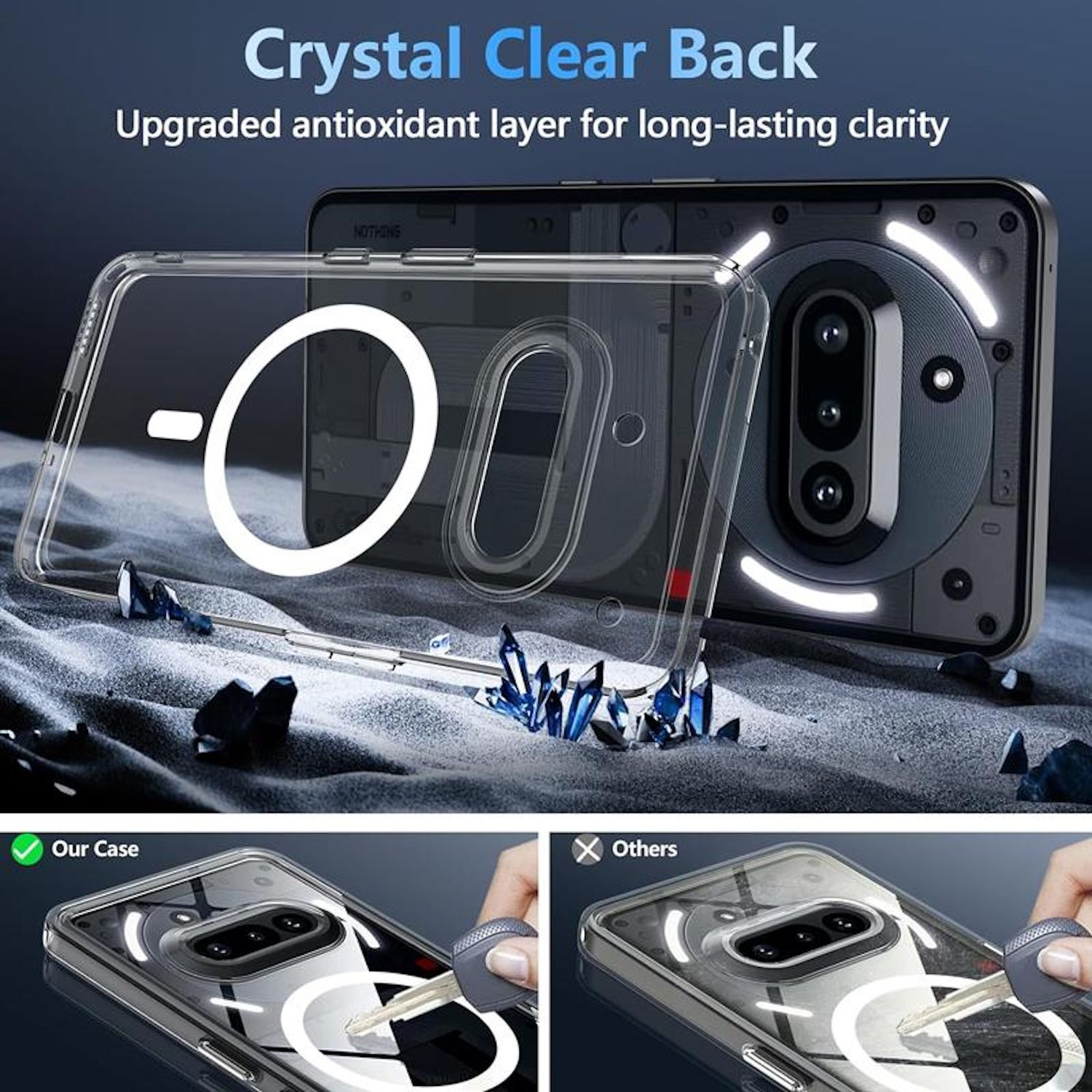 Transparente Handyhülle mit Telefon. Hülle mit Ring. Zwei Hände stecken Schlüssel in die Hülle.