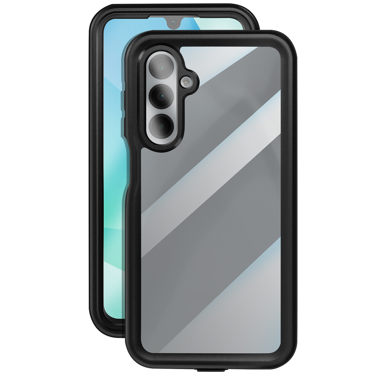Custodia per telefono con retro trasparente e cornice nera. Telefono con 3 lenti visibili.