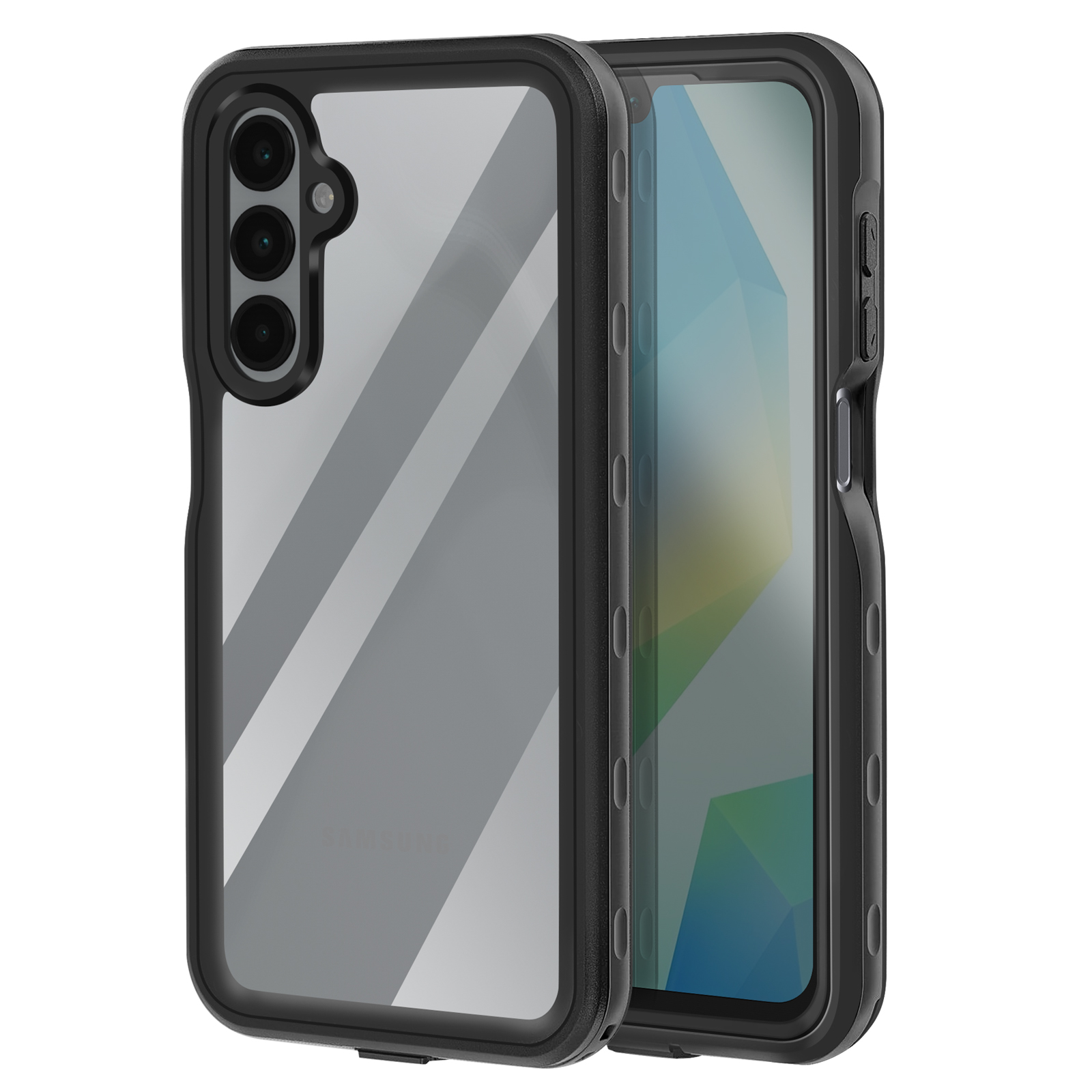 Custodia nera per telefono con retro trasparente, protegge un telefono, sfondo bianco.