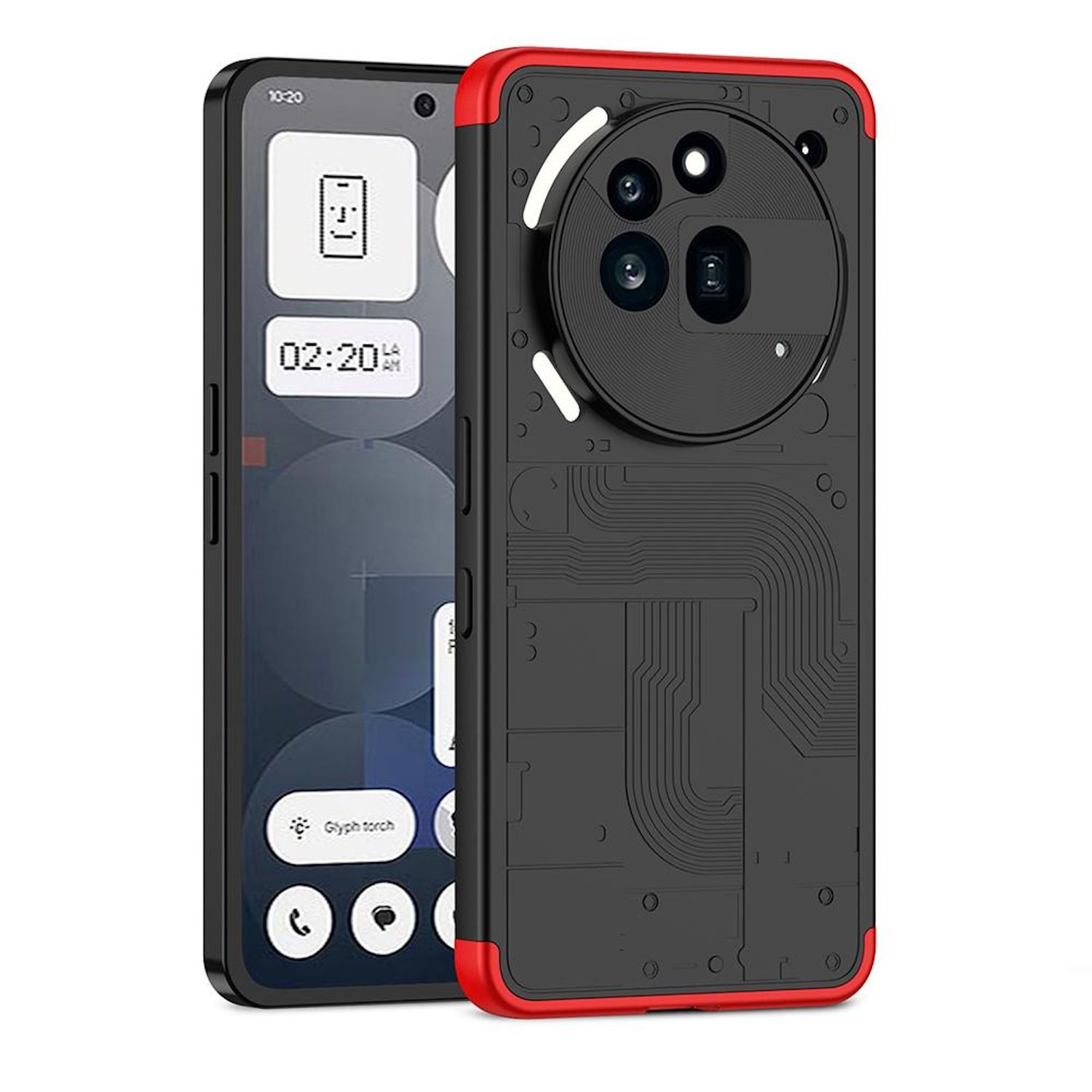 Schwarzes Telefon mit rotem Rand und schwarzem Gehäuse. Telefon zeigt Uhrzeit und Datum.