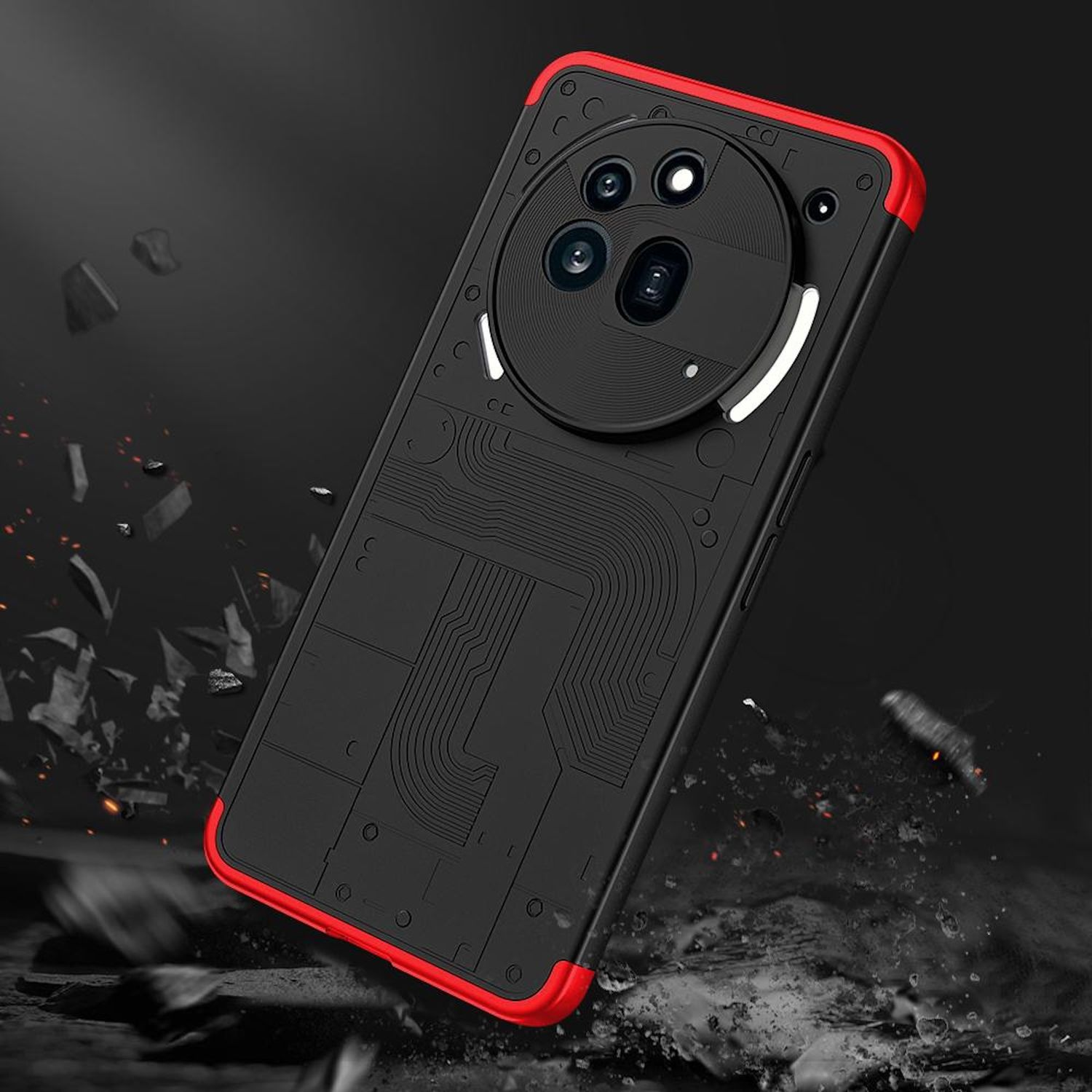 Schwarze Handyhülle mit rotem Rahmen und schwarzem Design auf der Rückseite. Dunkler Hintergrund.