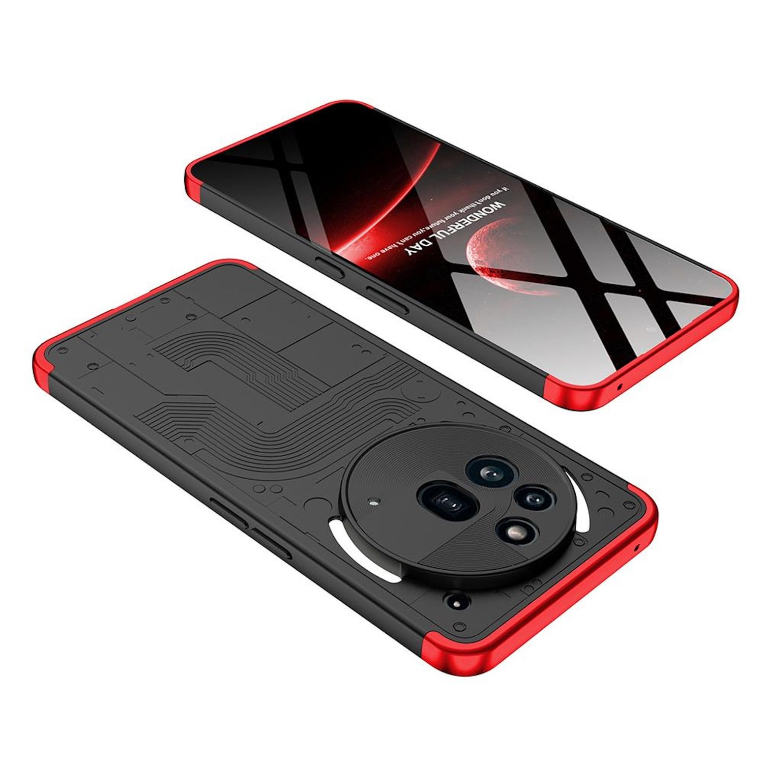 Handyhülle mit rotem Rahmen und schwarzem Design, mit einem Telefon darin. Schwarzer Hintergrund.