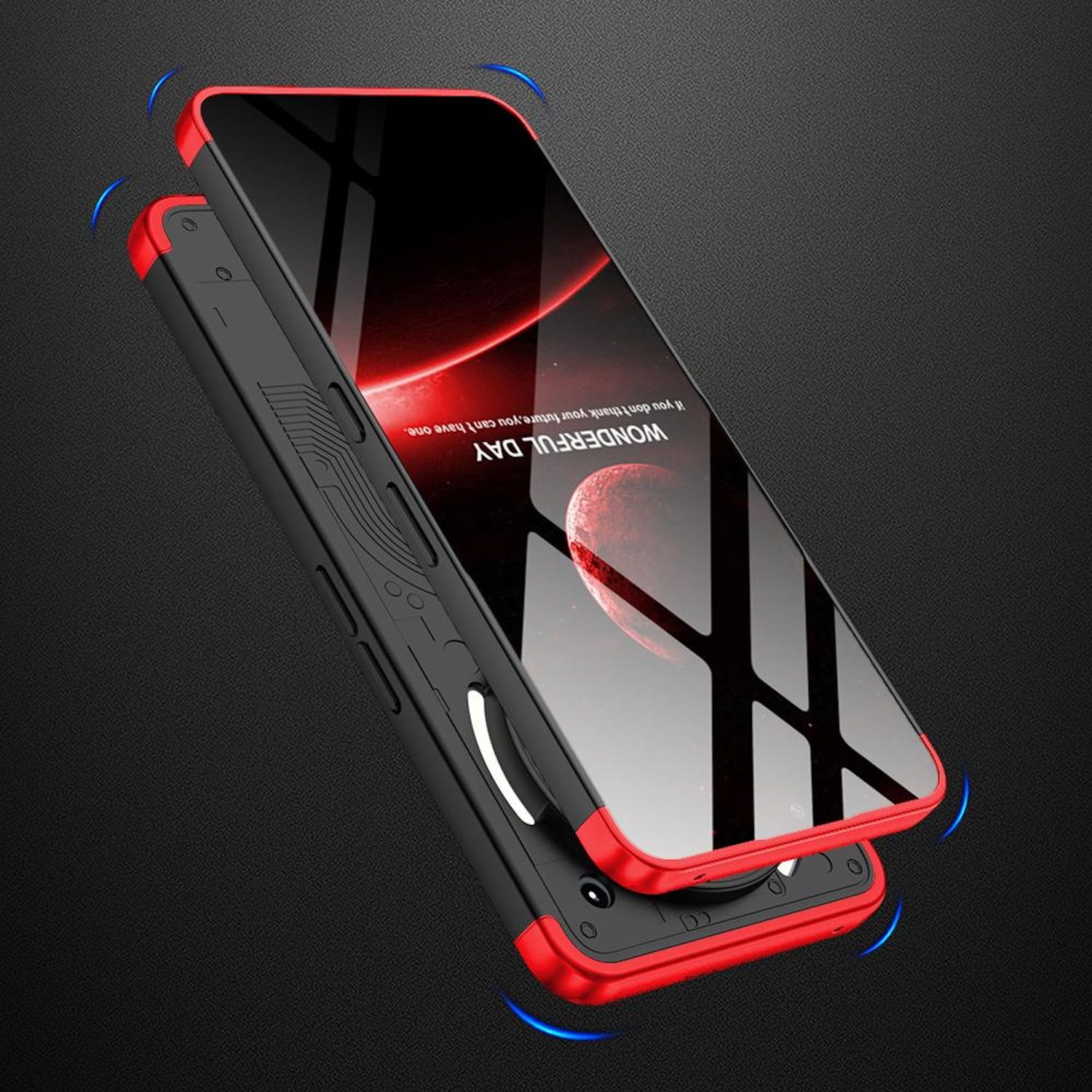 Handyhülle mit rotem Rahmen und schwarzem Design. Telefon zeigt rotes und schwarzes Hintergrundbild.