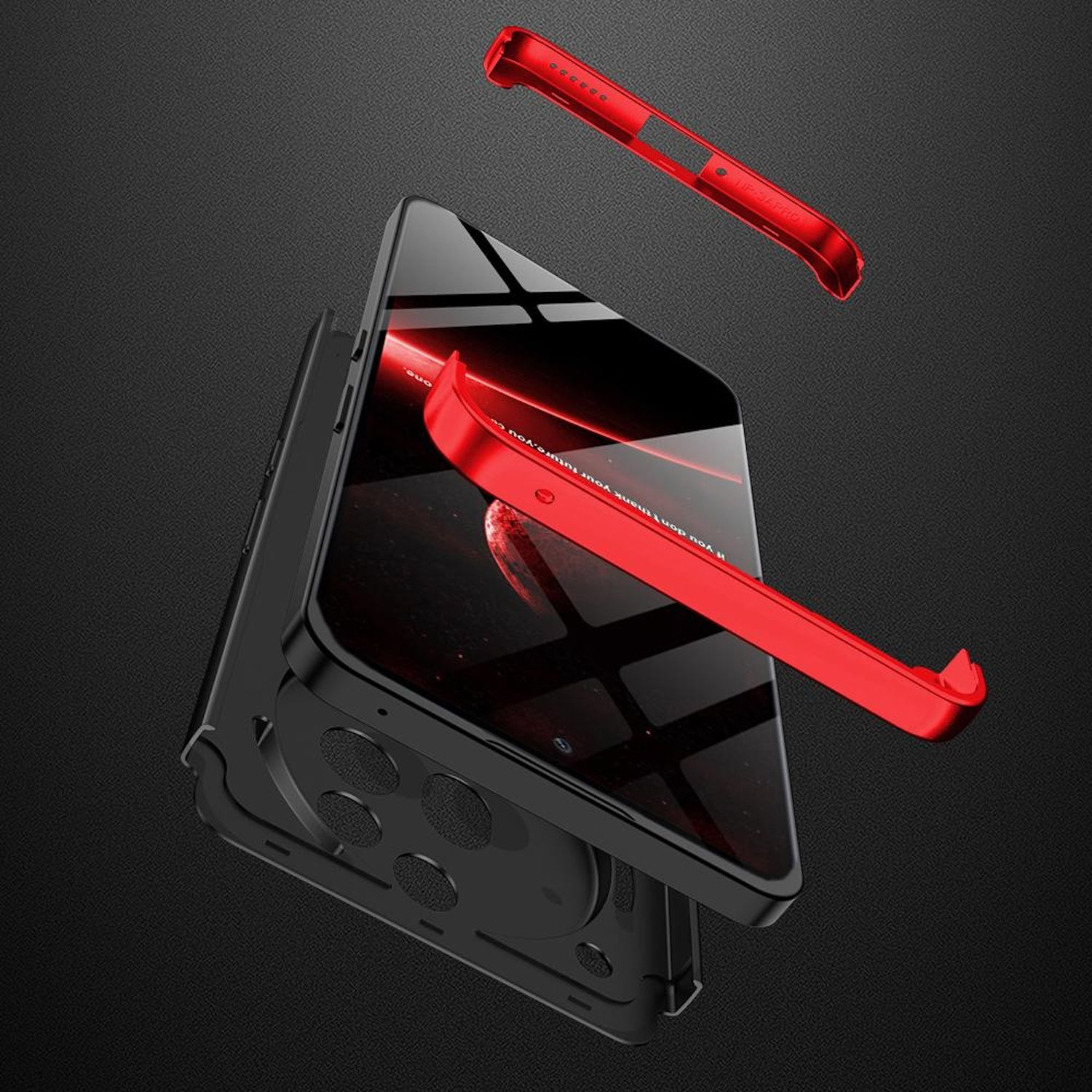 Schwarze Handyhülle in Einzelteilen. Roter Rahmen und Rückteil. Schwarzer Hintergrund.