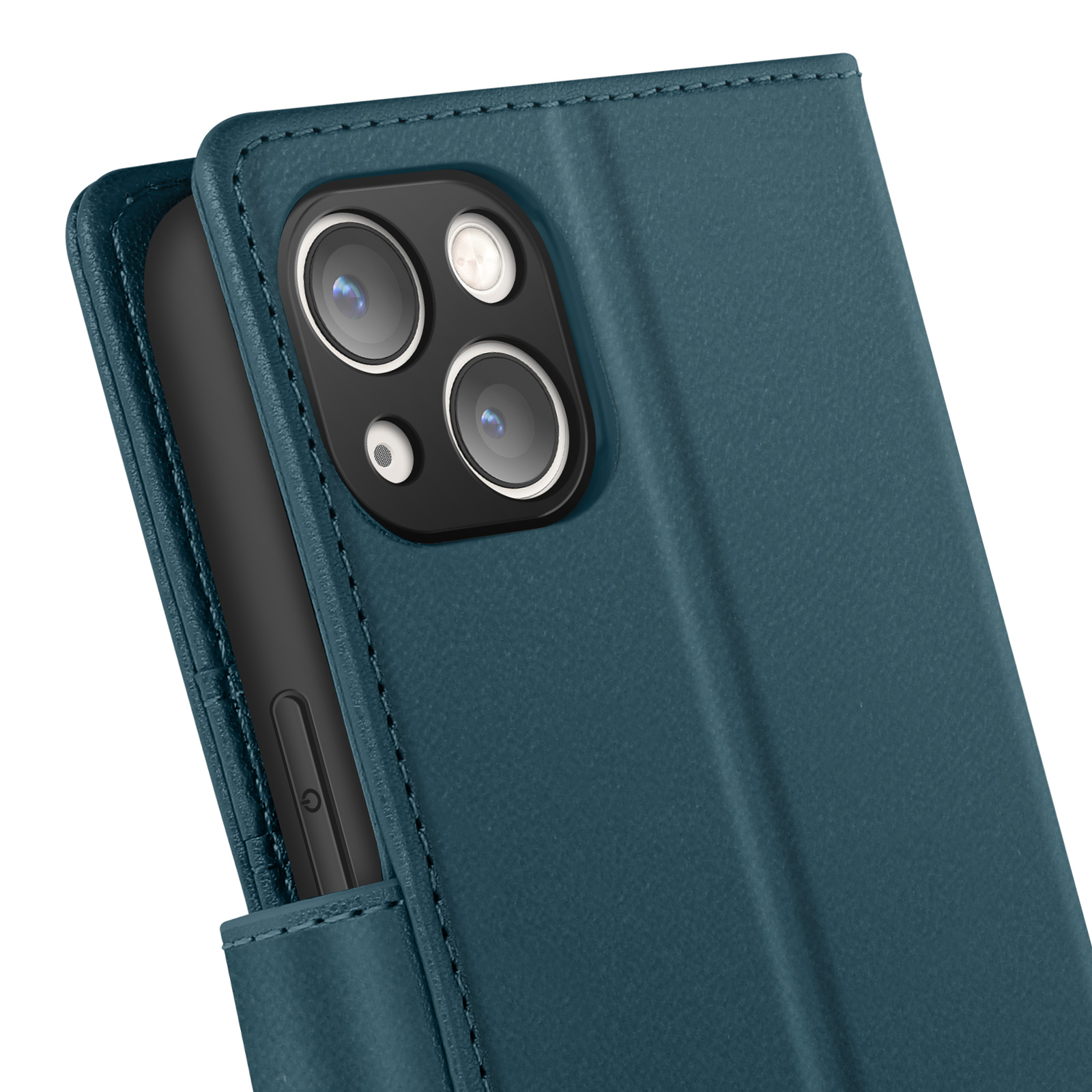 Custodia teal con un telefono all'interno. Il telefono ha le lenti della fotocamera.