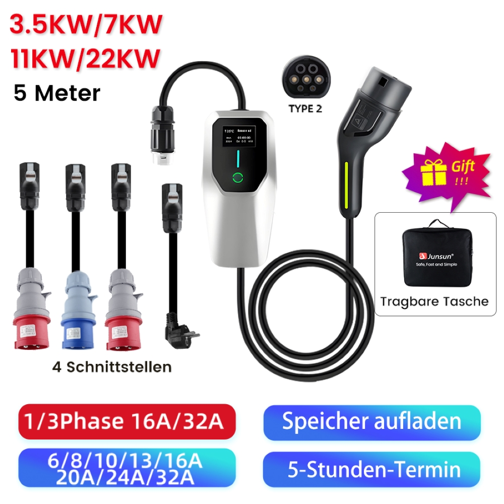 EV-Ladegerät mit mehreren Steckern, Bildschirm und Tasche. Text und Beschriftungen auf Deutsch.