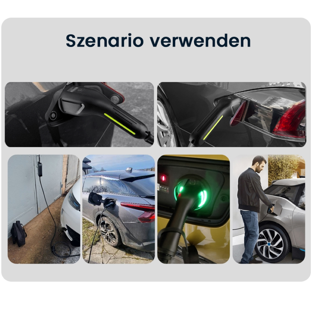Bilder, die verschiedene Szenarien des Ladens von Elektroautos mit Ladekabeln zeigen.