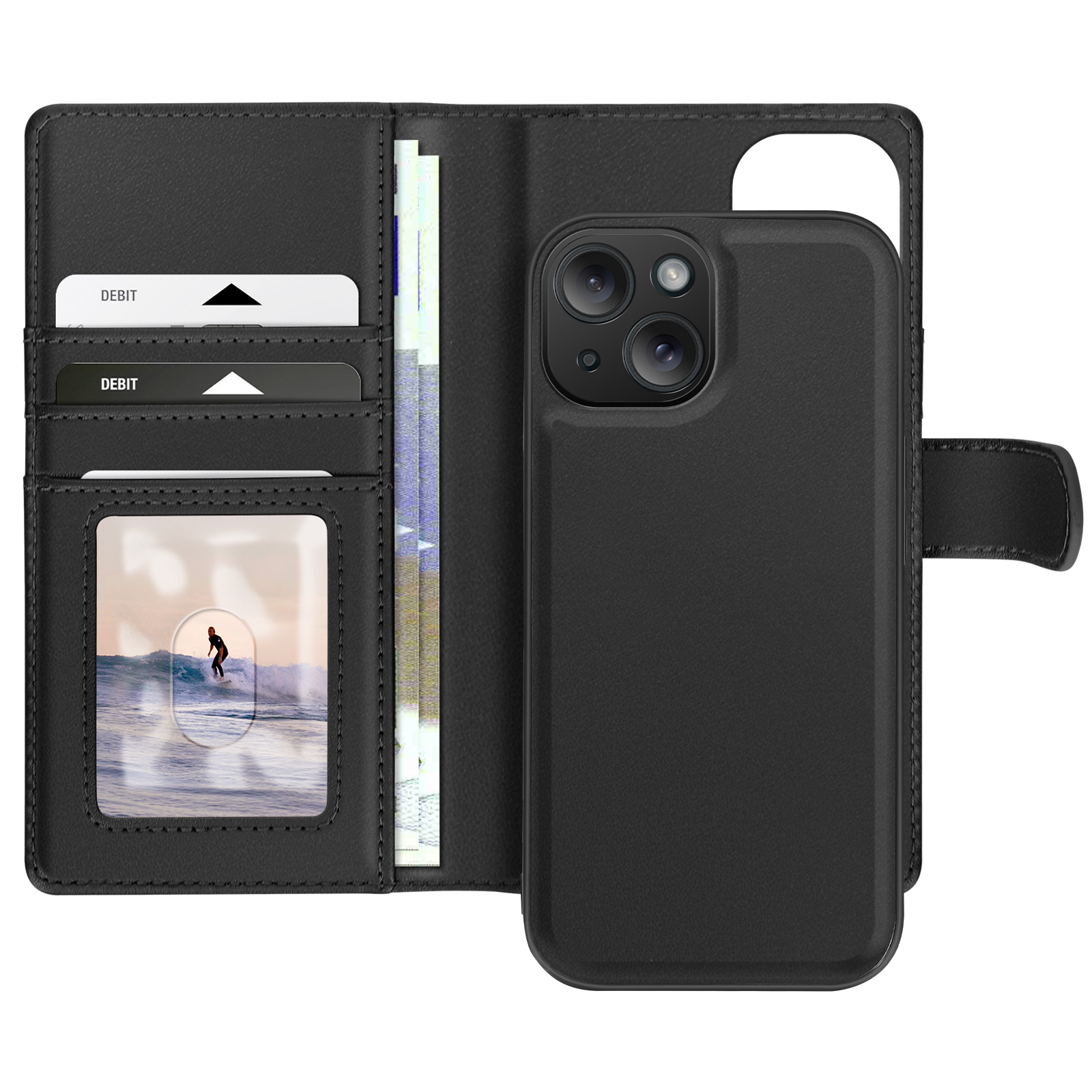 Custodia nera per telefono con telefono, carte, denaro e foto di un surfista. Aperta.