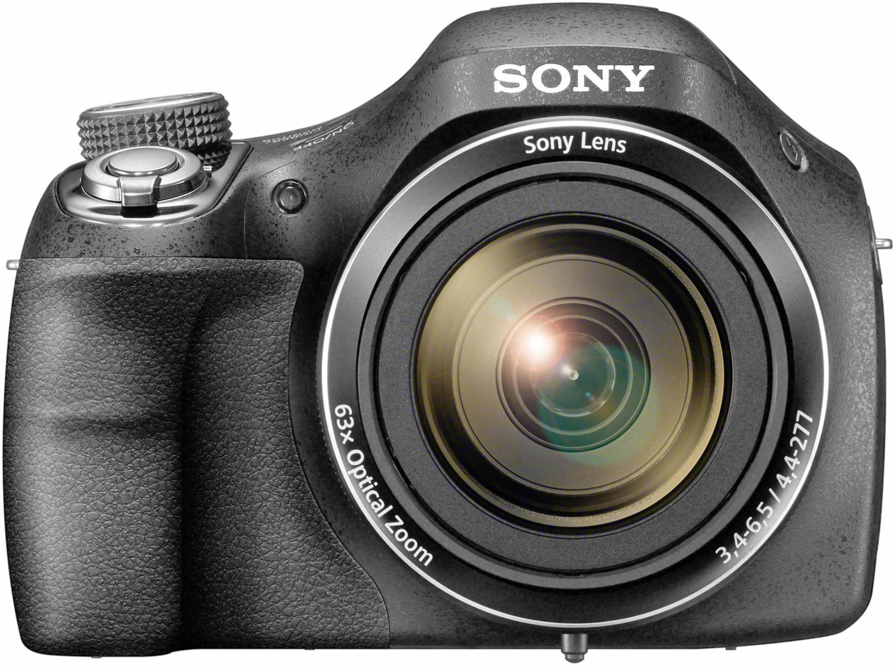 Schwarze Sony Kamera mit großem Objektiv, Sony Objektiv Branding, 63x optischer Zoom.