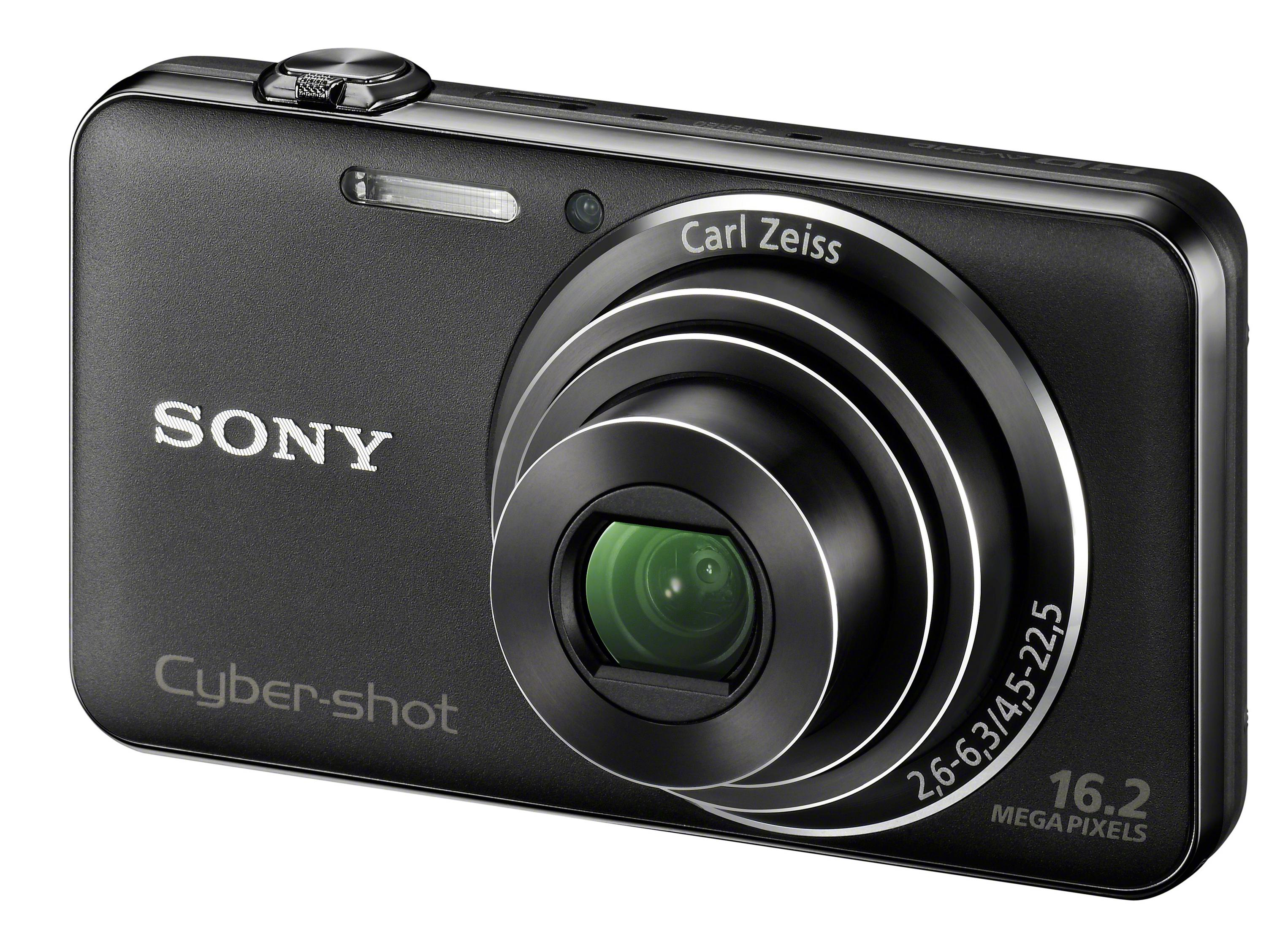 Schwarze Sony Cyber-shot Kamera mit Carl Zeiss Objektiv, silbernen Akzenten und 16,2 Megapixeln.