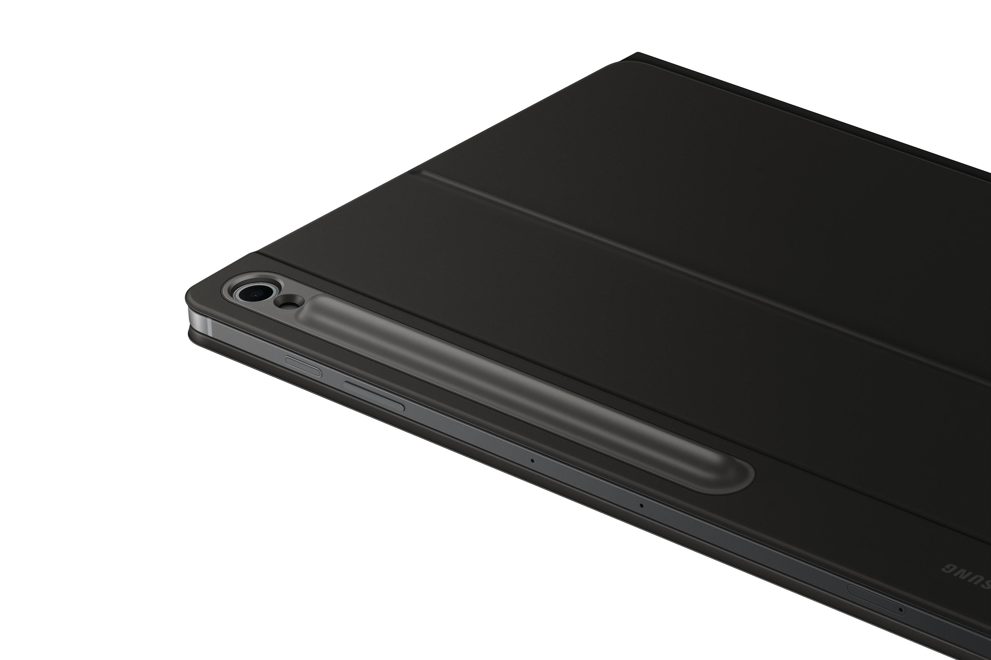 Tablet, czarne etui z rysikiem. Białe tło. Marka Samsung.