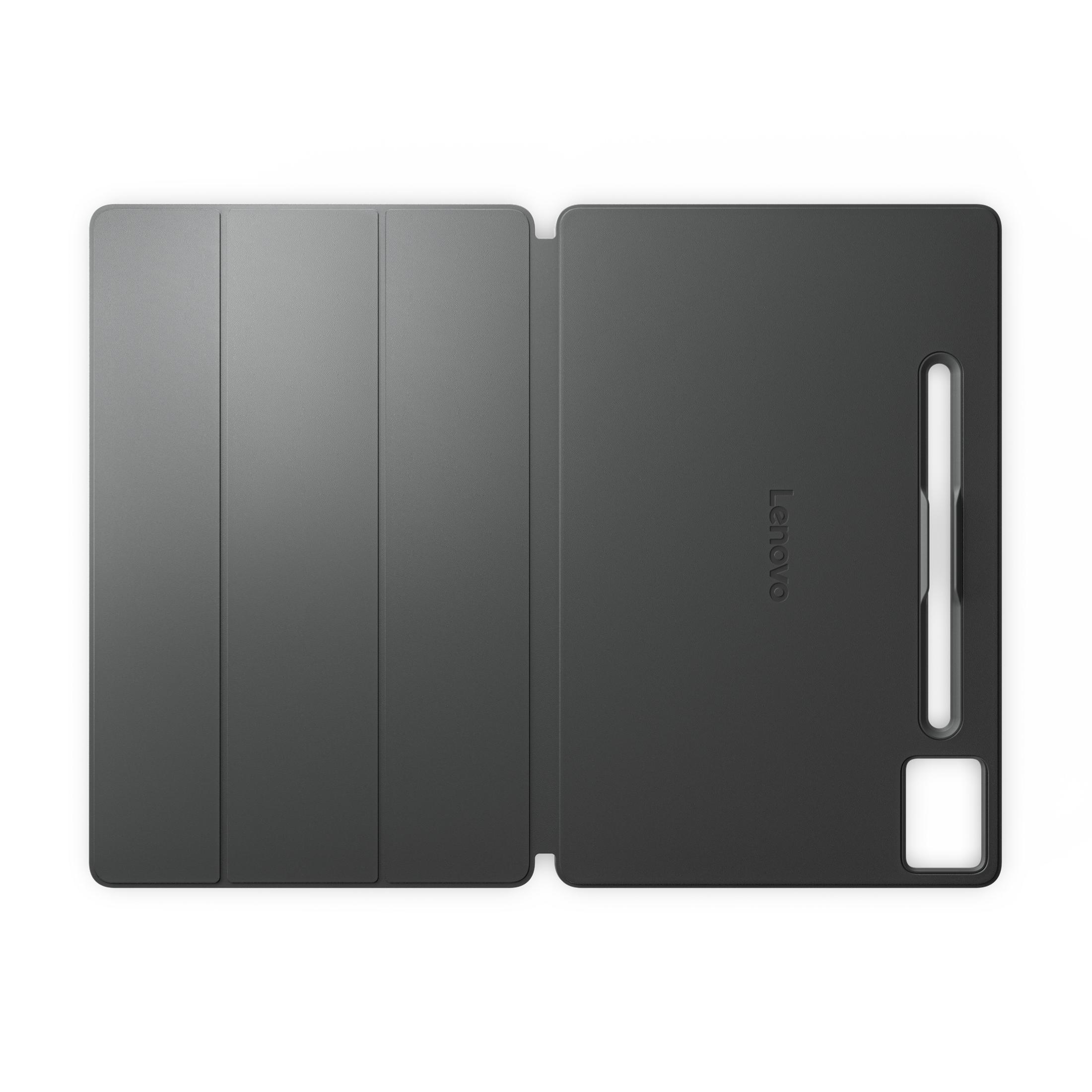 Tablet in grijze hoes, open. Witte achtergrond. Merk Lenovo.