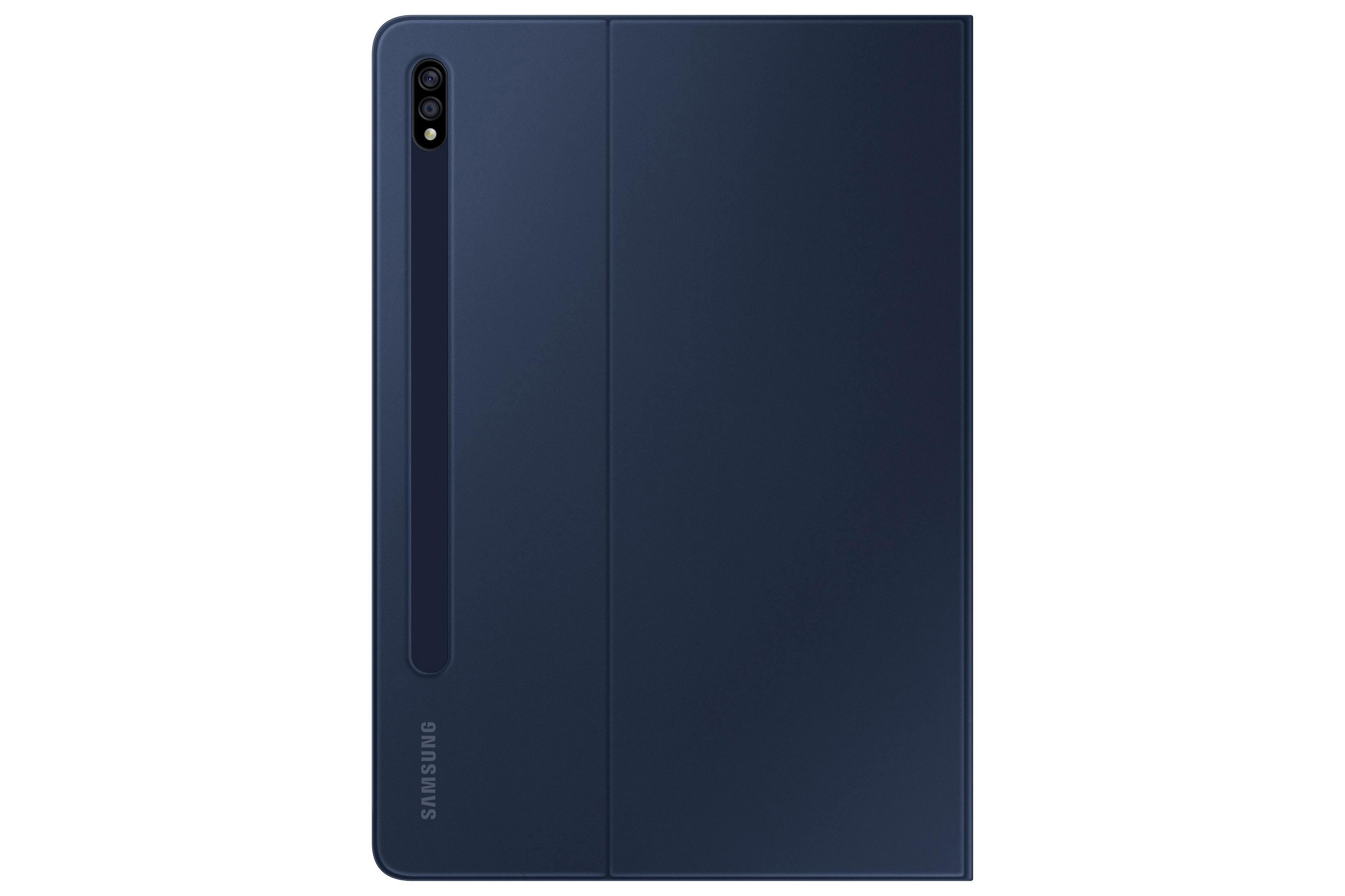 Housse de tablette bleu marine avec un porte-stylo et un logo Samsung. Fermée sur fond blanc.