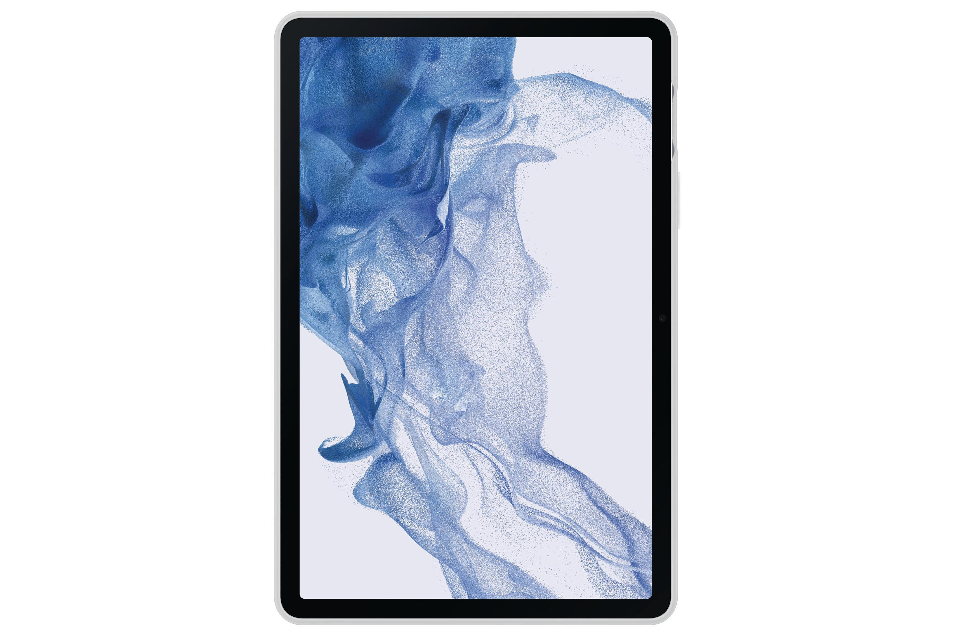 Una tableta blanca que muestra un diseño abstracto azul. Fondo blanco.