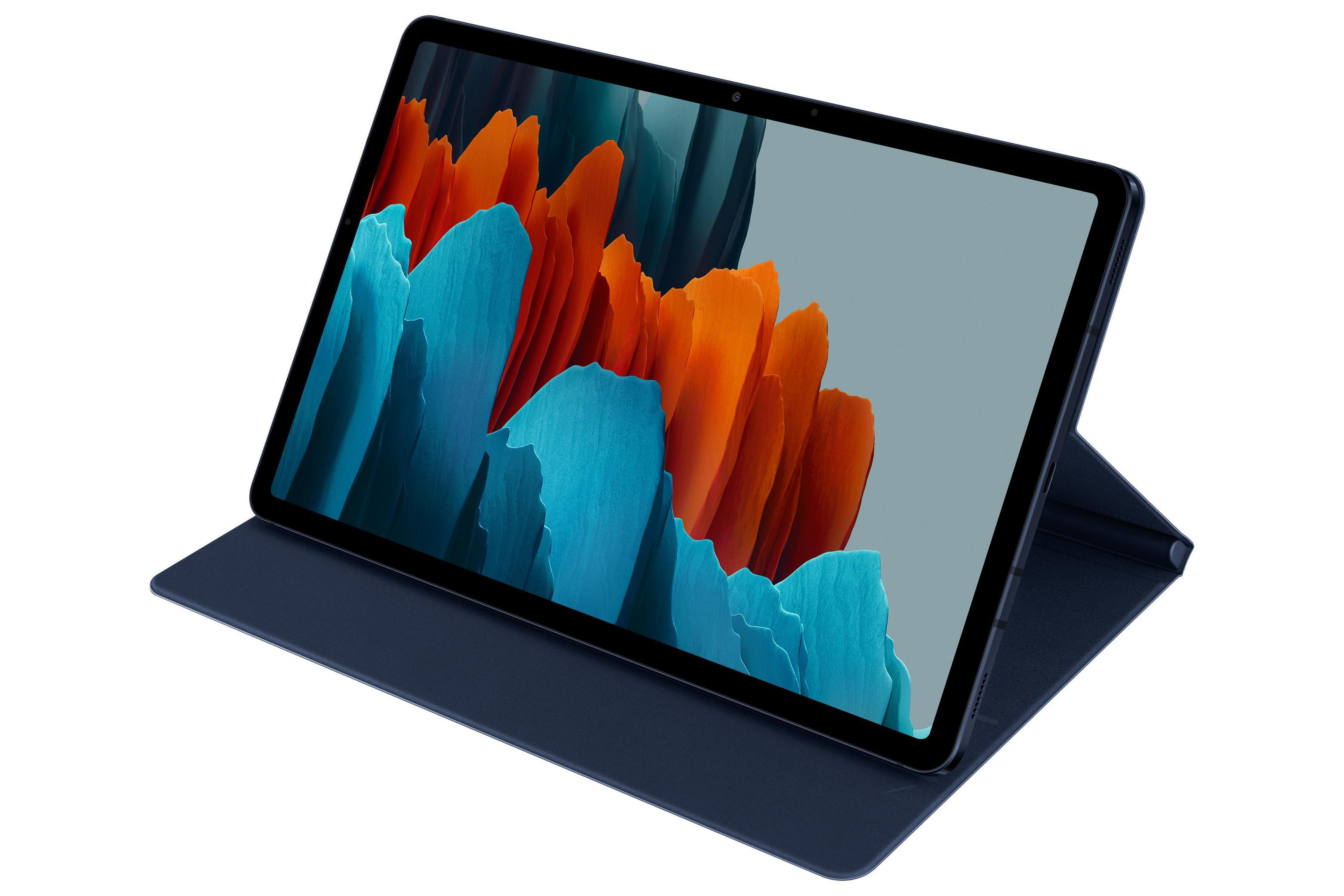 Tablette Samsung avec étui. L'écran affiche une image. Étui de couleur bleue.