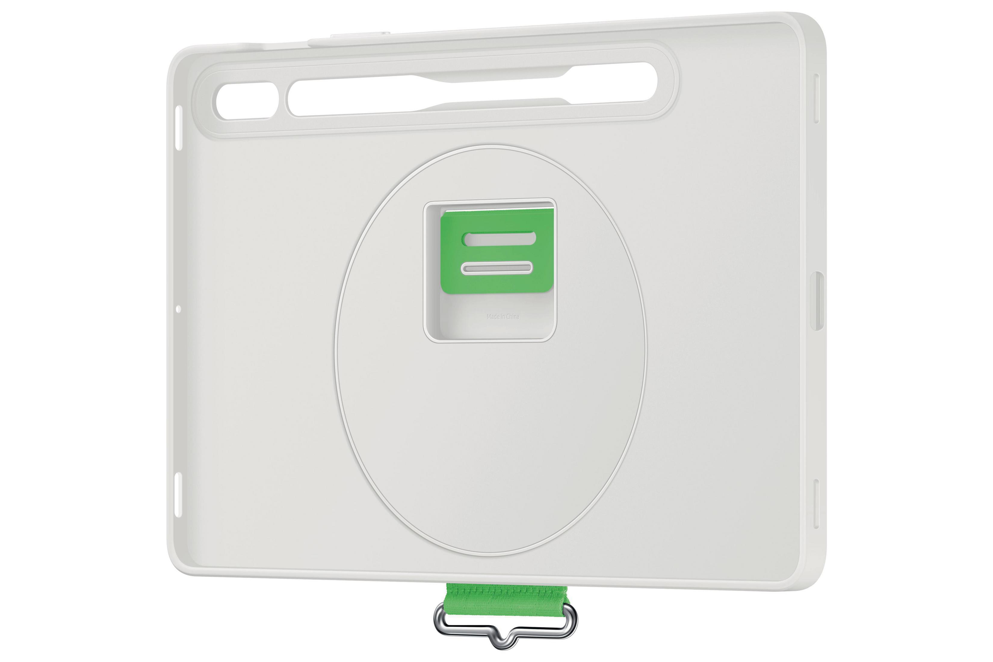 Funda blanca para tableta. La funda tiene una correa verde y un elemento rectangular verde para soporte.