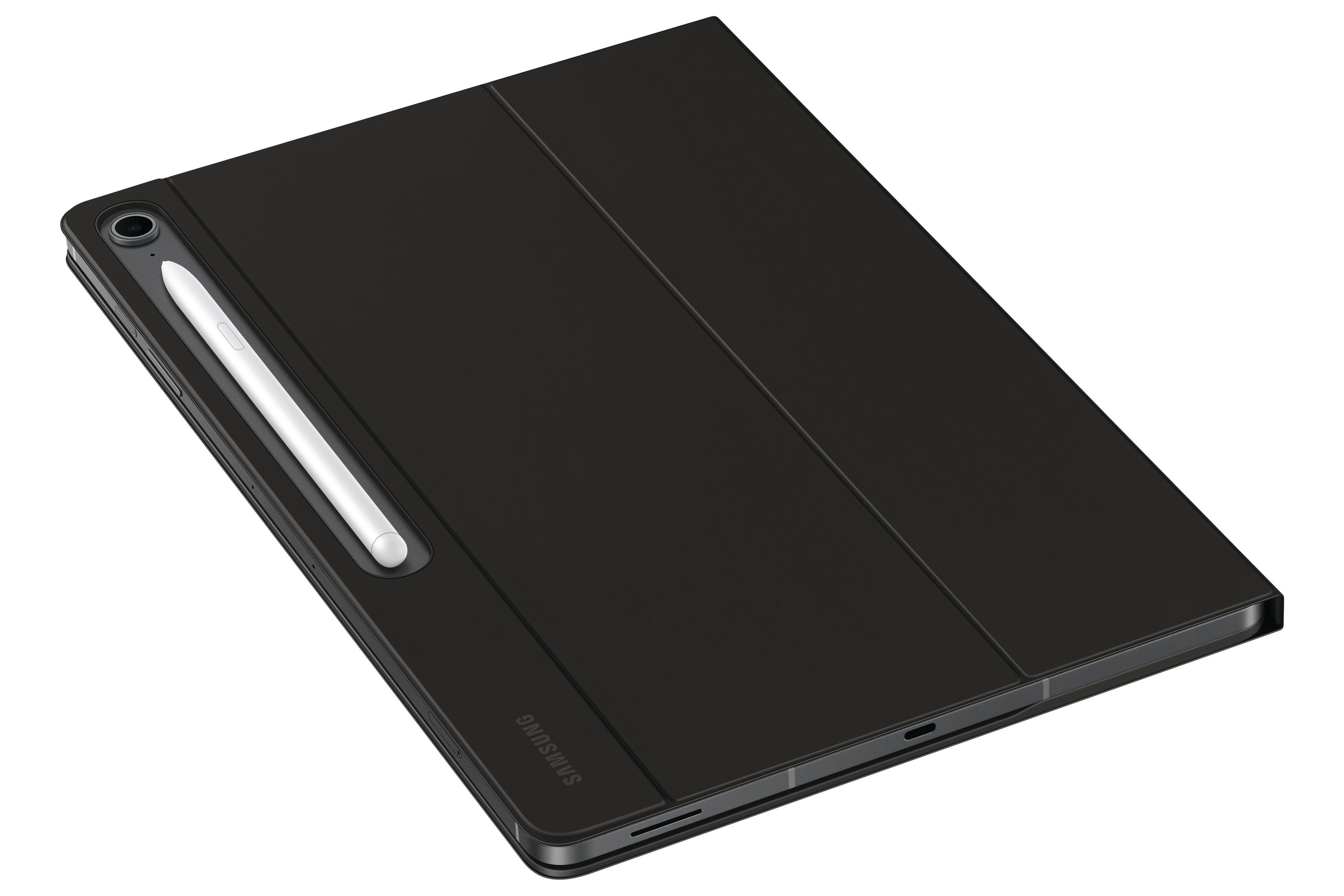 Schwarzes Tablet mit Stift, geschlossene Hülle. Marke Samsung. Weißer Hintergrund.