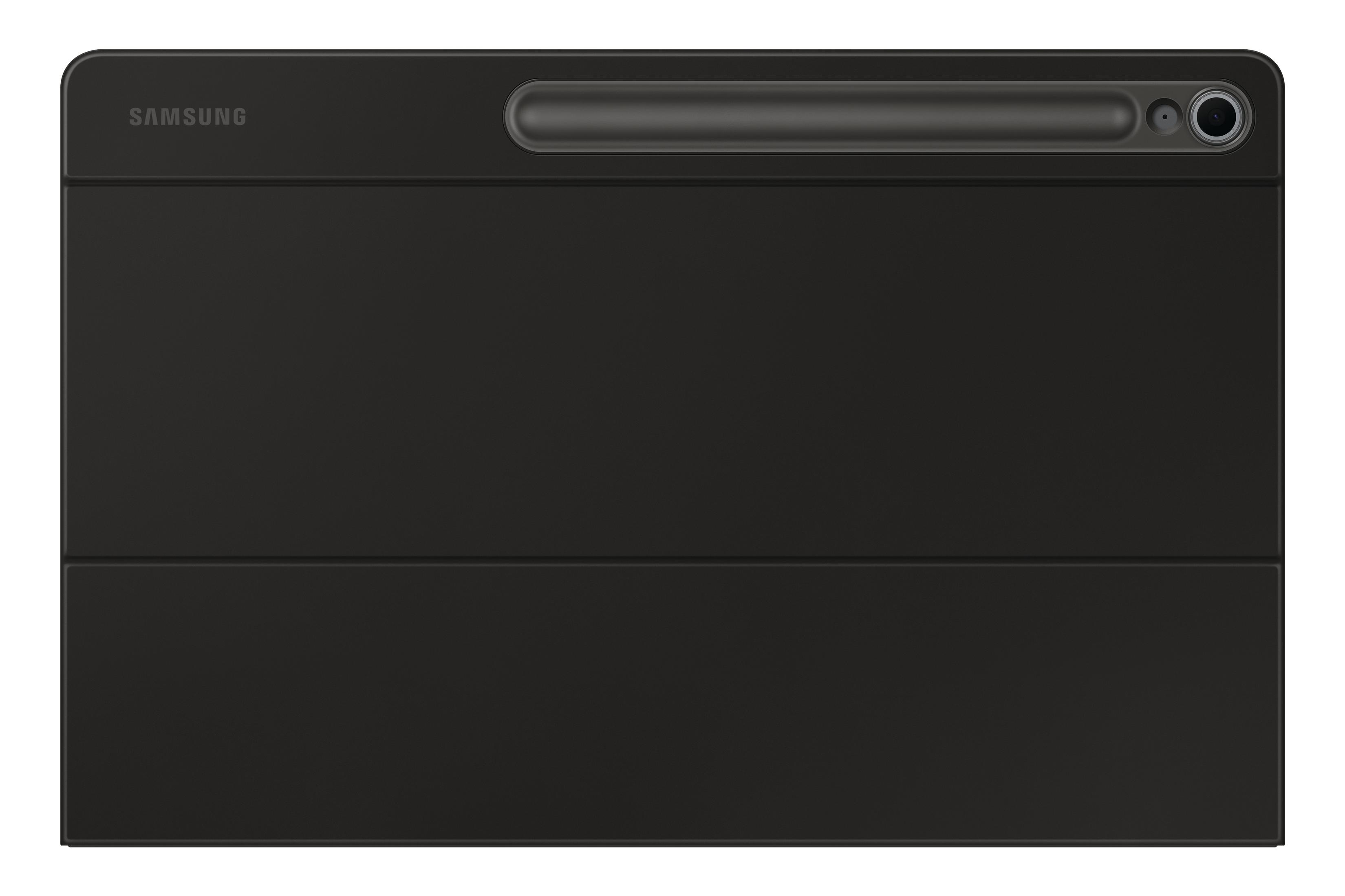 Schwarze Samsung Tablet-Hülle. Oberseite hat Kamera und Stifthalter. Hülle ist geschlossen.