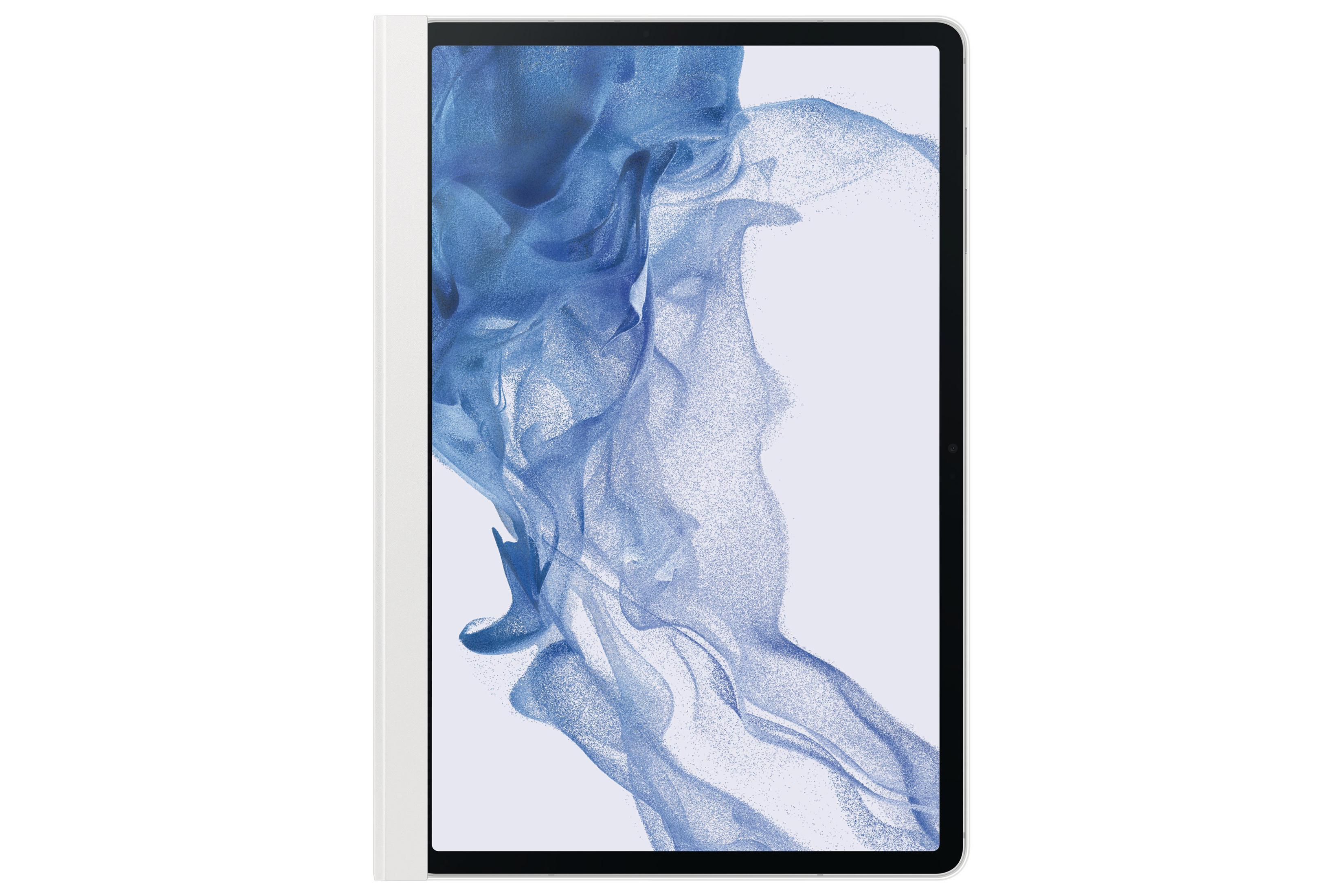 Ein Tablet mit weißem Rahmen und einem blau-weißen abstrakten Design auf dem Bildschirm. Das Gehäuse ist weiß.