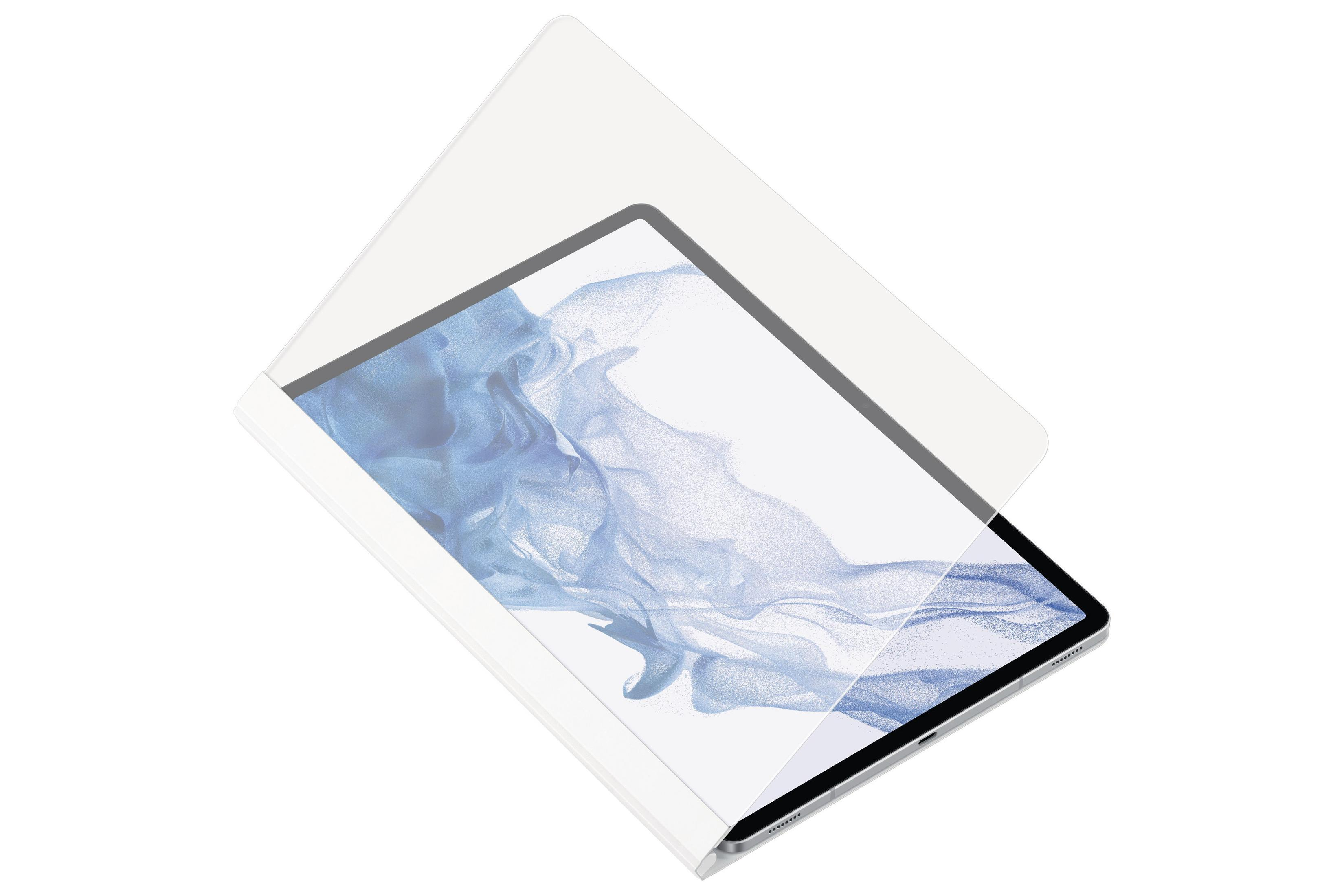 Ein Tablet mit angebrachter Displayschutzfolie. Weißer Hintergrund, schräge Ansicht.