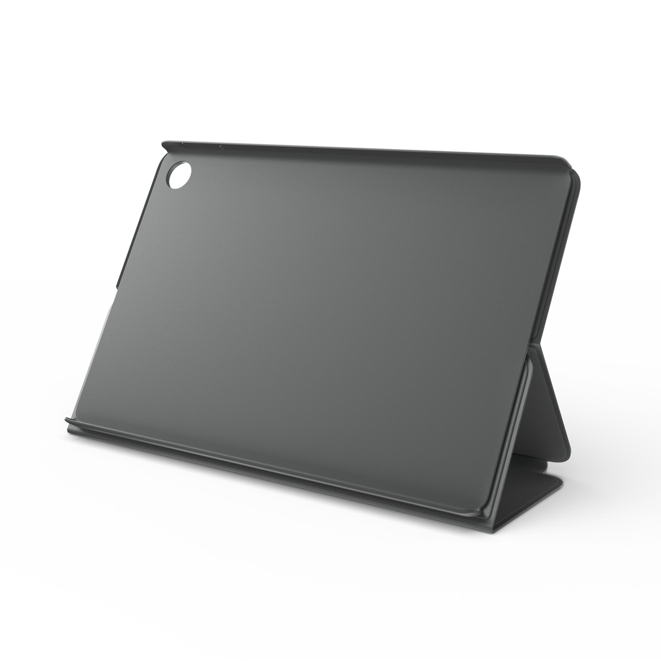 Custodia per tablet nera, aperta e angolata. Il retro è visibile, con fotocamera e pulsante di accensione.