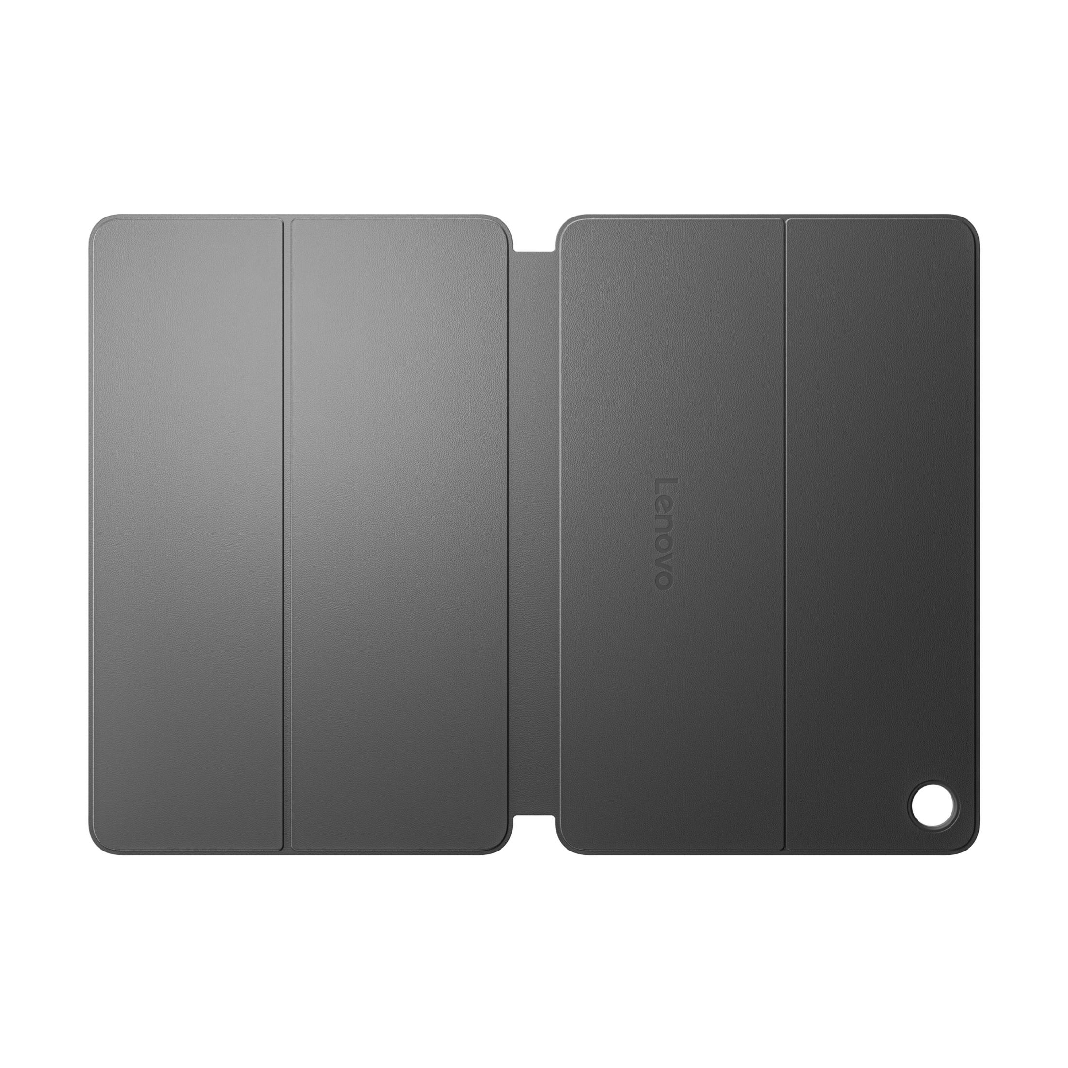 Una custodia per tablet Lenovo grigia, aperta, che mostra l'interno. Il logo Lenovo è stampato sulla custodia.