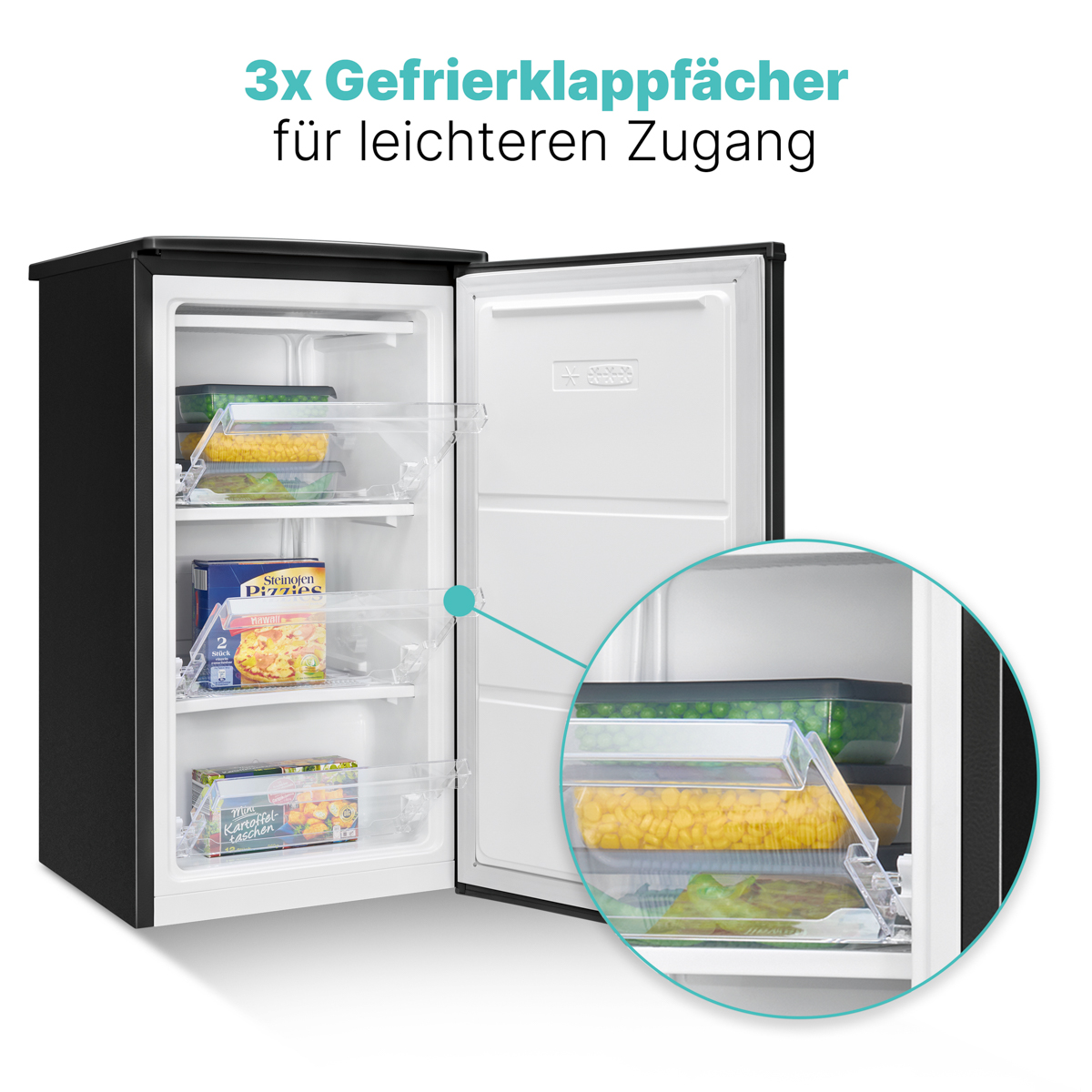 Schwarzer Kühlschrank mit offener Tür. Zeigt Gefrierschubladen mit Essen darin.