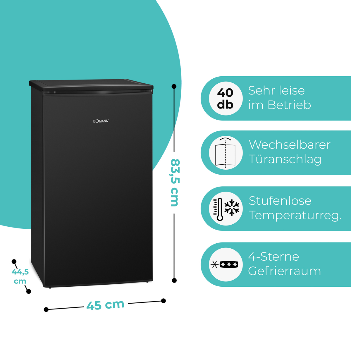 Ein schwarzer Kühlschrank mit Maßen und Funktionen. Mit Griff.
