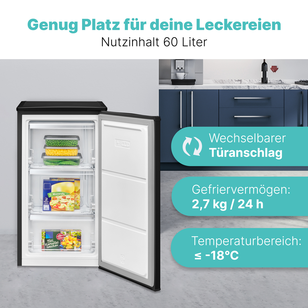 Mini-Kühlschrank offen, zeigt Regale mit Lebensmitteln. Text sagt: „Genug Platz für Ihre Köstlichkeiten“.