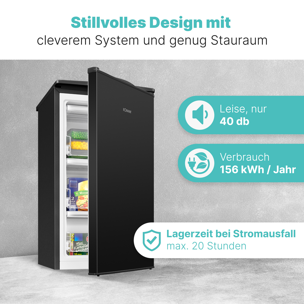 Mini-Kühlschrank, offen, zeigt Lebensmittel. Text sagt: leise, geringer Energieverbrauch und lange Stromausfallzeit.
