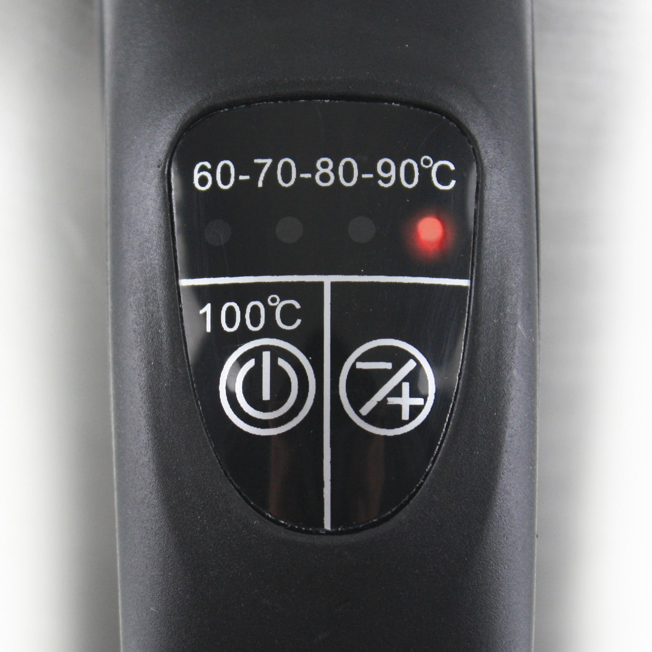 Schwarzes Bedienfeld mit Knöpfen und rotem Licht. Text: 60-70-80-90°C, 100°C, sowie Strom- und Plus/Minus-Symbole.