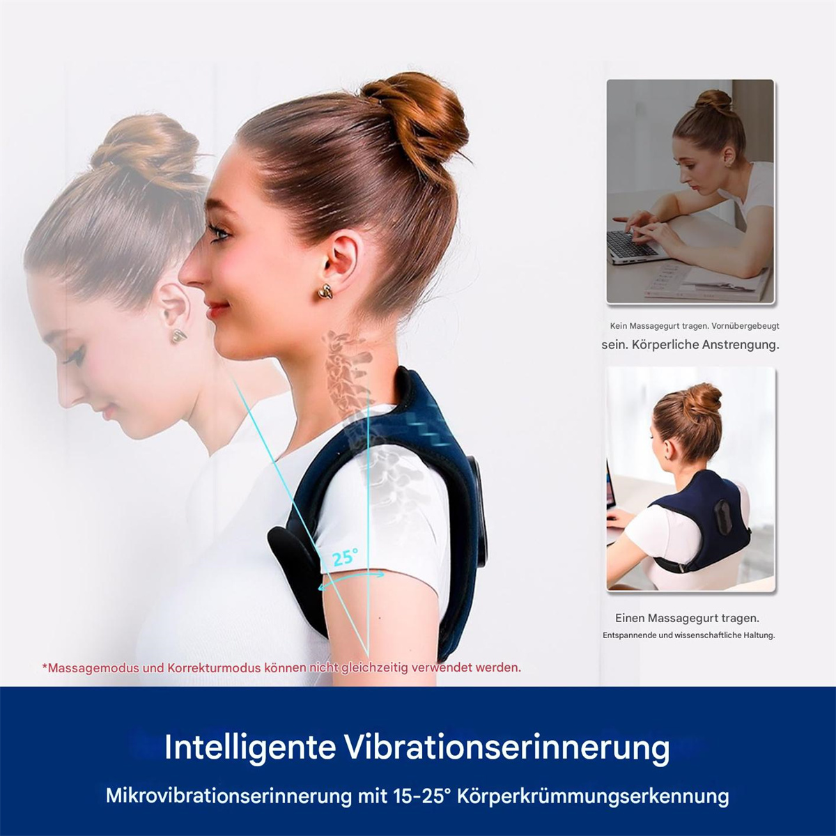 Eine Frau mit Rückenstütze. Illustrationen zur Körperhaltung sind vorhanden. Weißer Hintergrund.