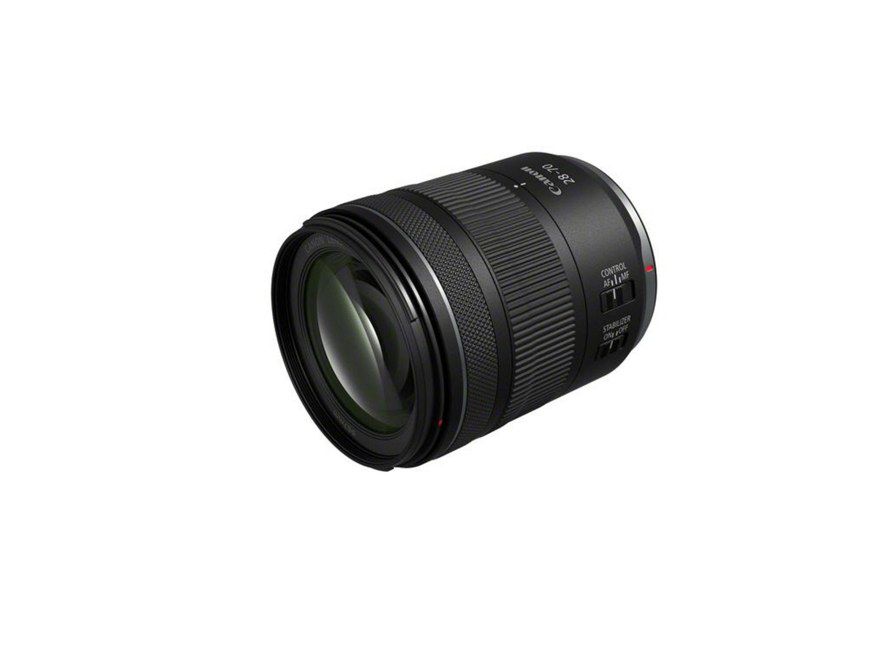 Kontrol ve sabitleyici ayarlarına sahip siyah Canon lens.