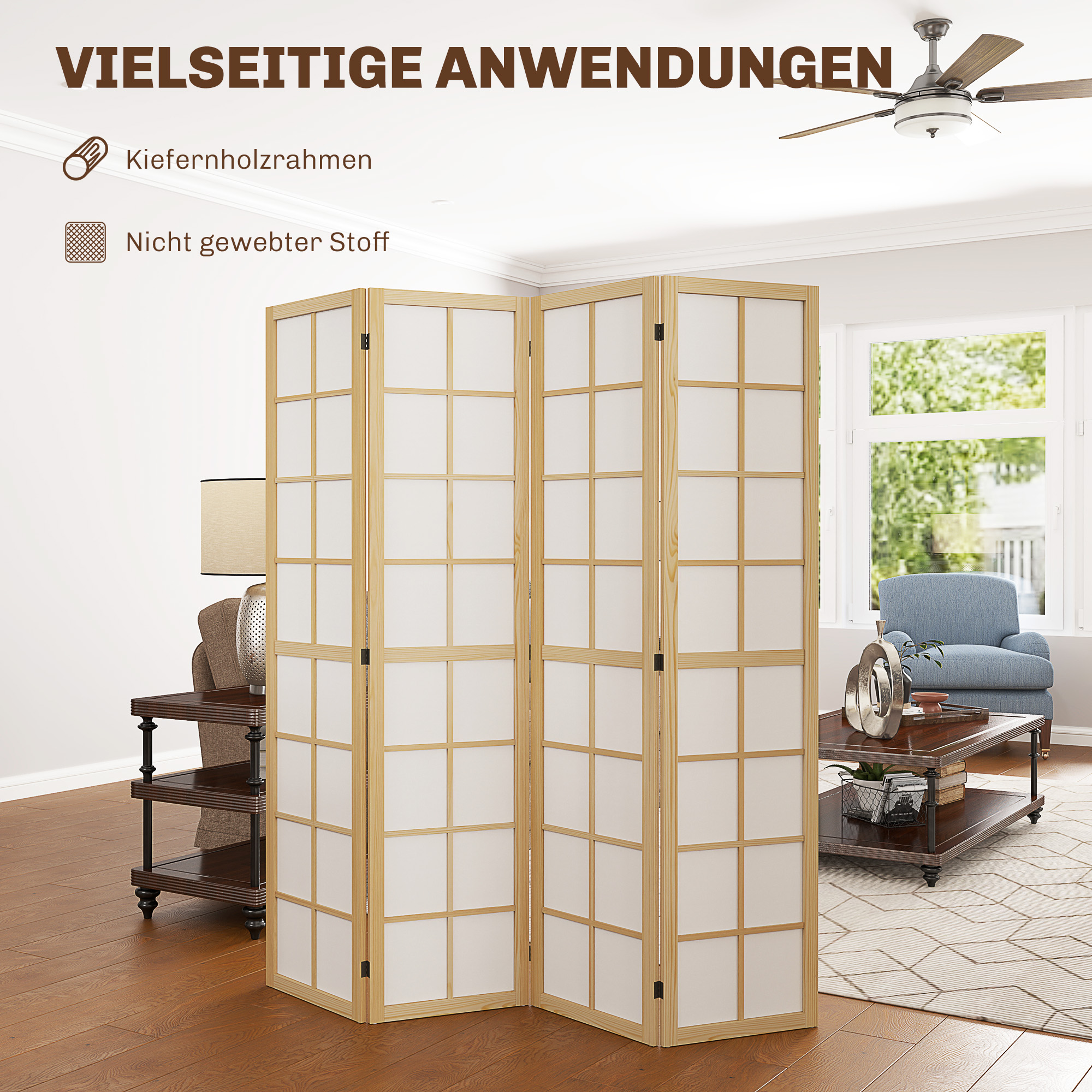 Zimmer mit Faltwand. Holzrahmen, weiße Paneele. Text auf Deutsch: 'Vielseitige Anwendungen'.