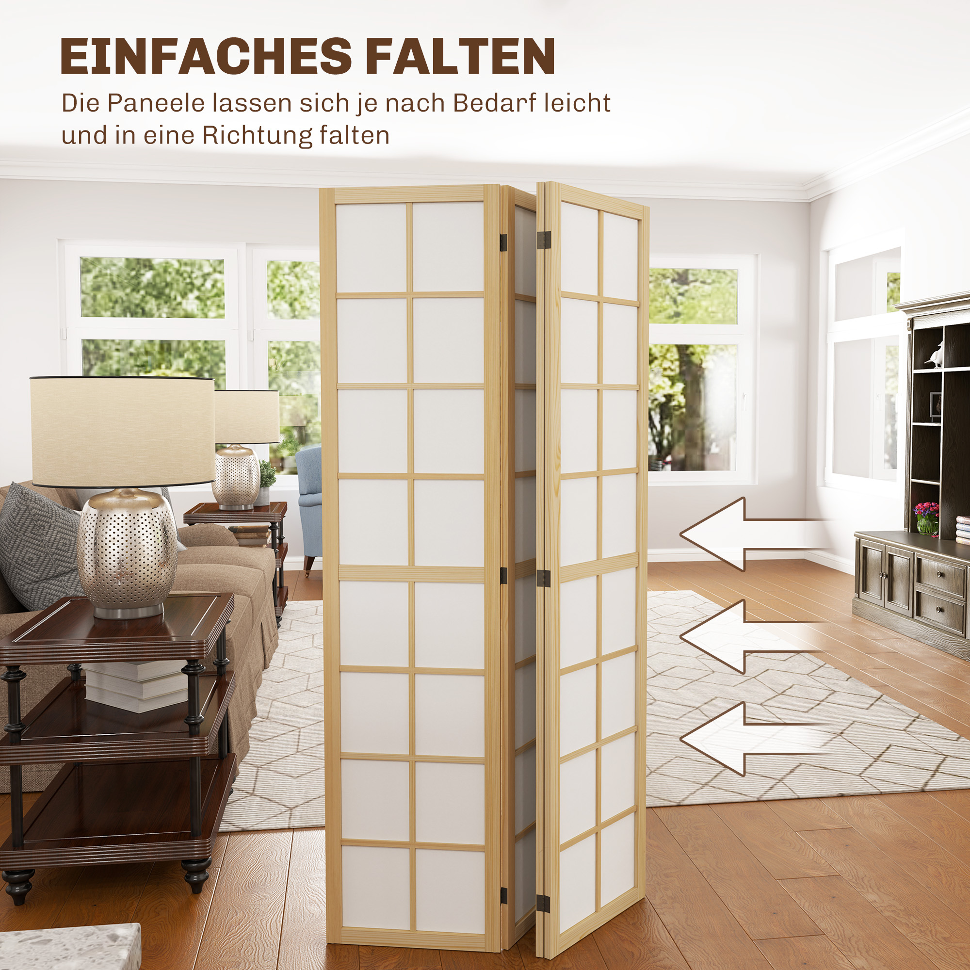 Faltbarer Raumteiler aus Holz mit weißen Paneelen, drei Paneele offen.