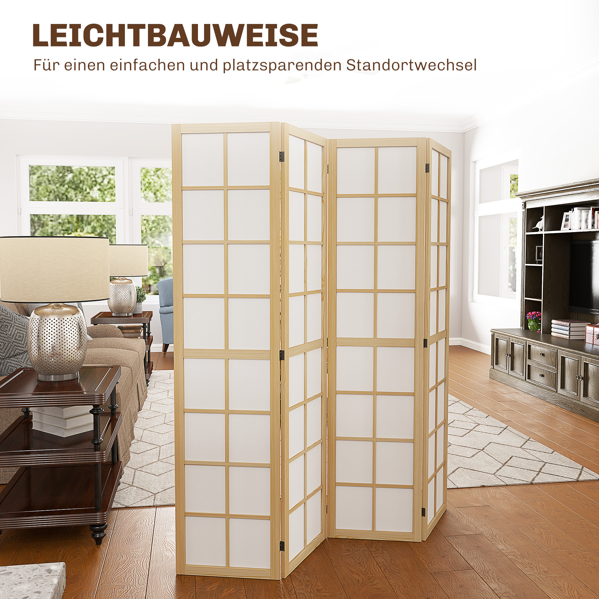 Faltbarer Raumteiler in einem Wohnzimmer, Holzrahmen mit weißen Paneelen.