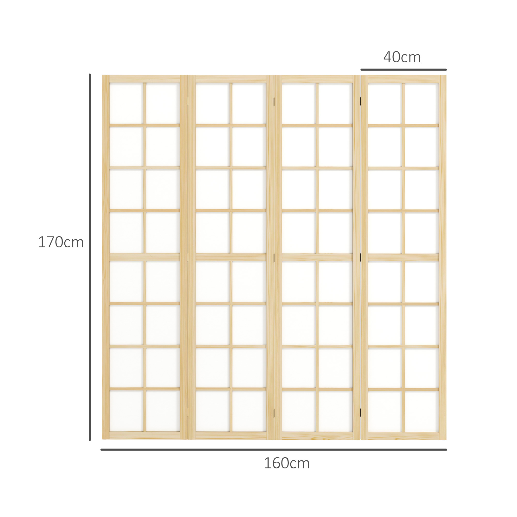 Diagramm eines Faltvorhangs mit Abmessungen: 170 cm Höhe, 160 cm Breite und 40 cm pro Paneel.