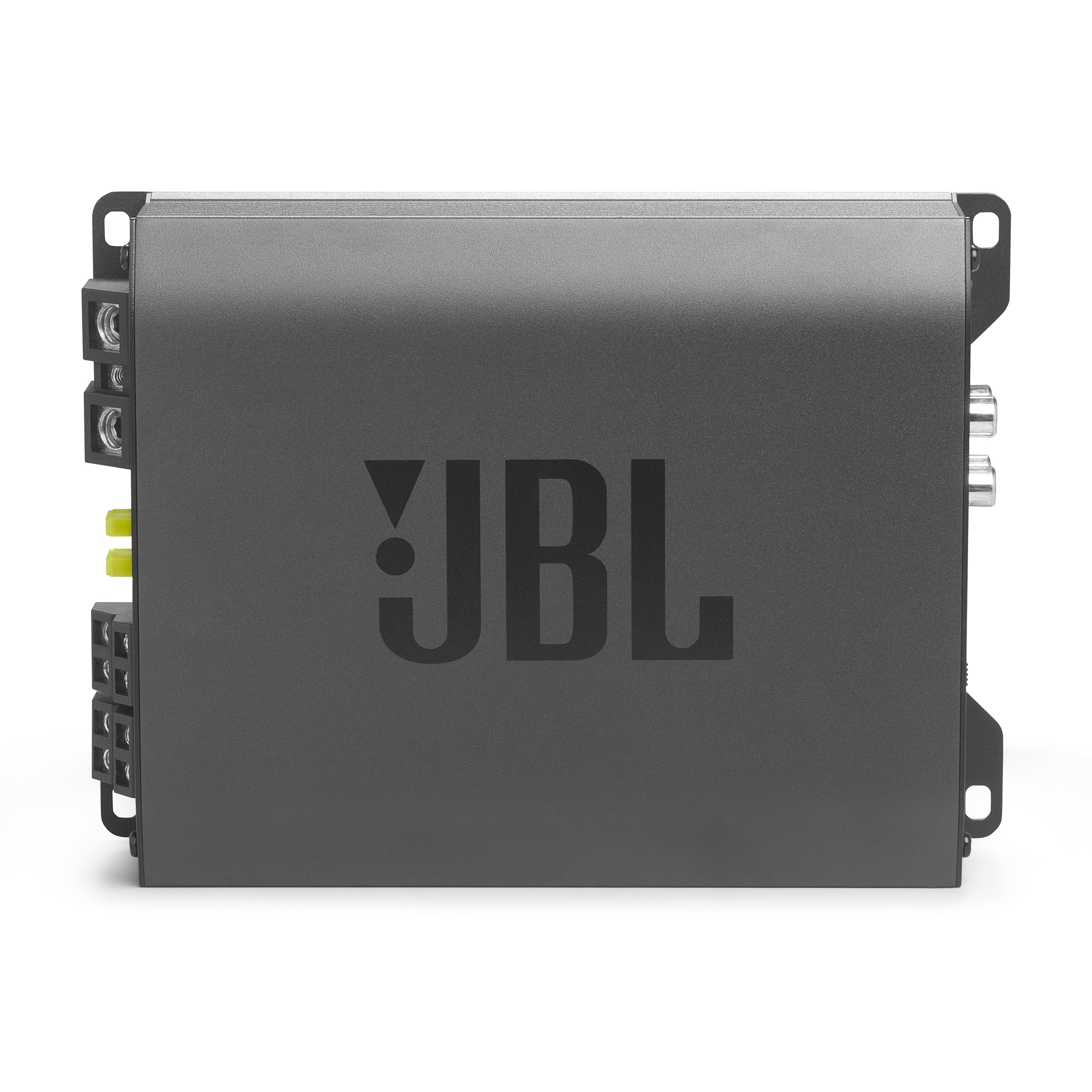 Grauer JBL-Verstärker mit JBL-Logo. Es hat verschiedene Eingangs- und Ausgangsanschlüsse.