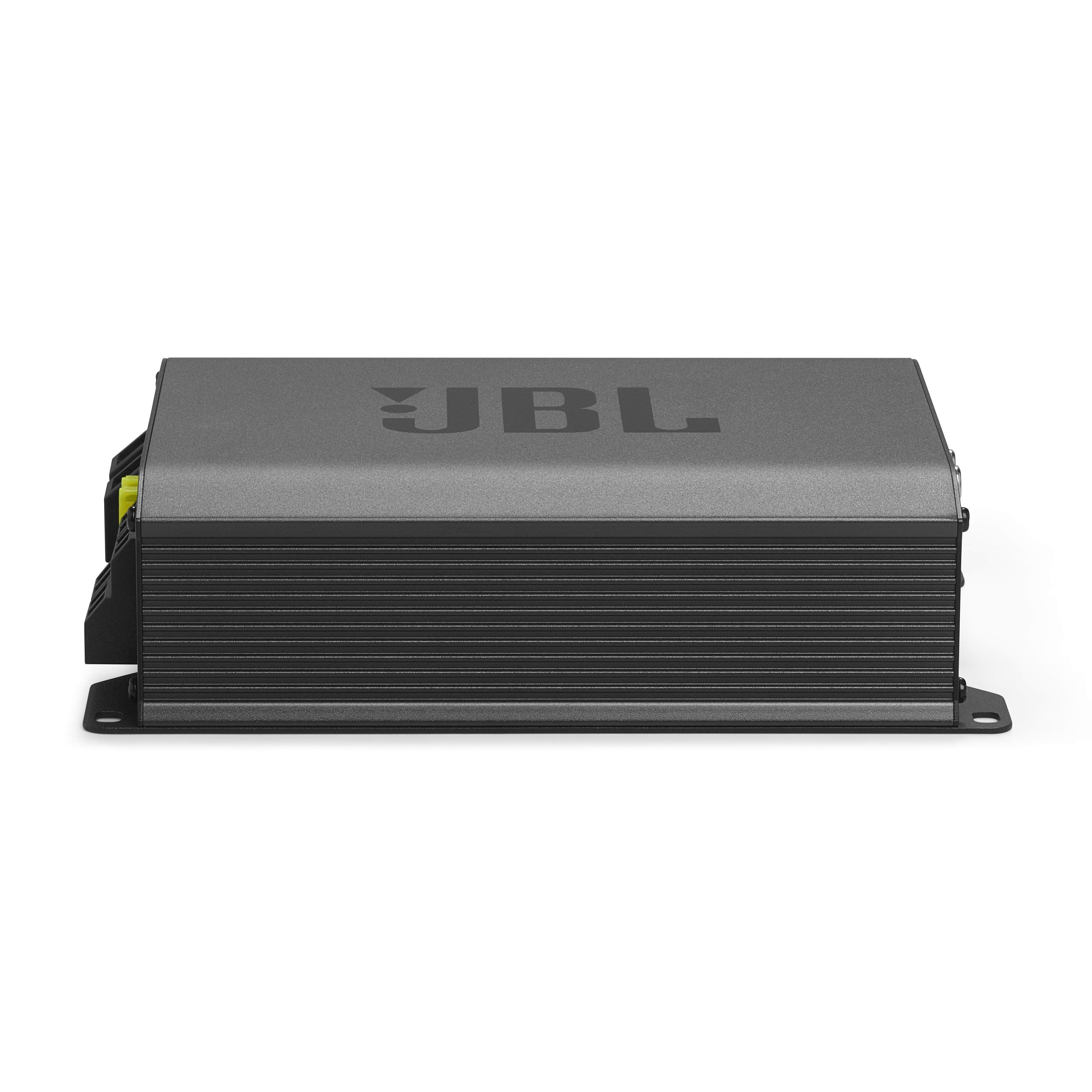 Grauer JBL-Verstärker, rechteckig, mit Markenlogo oben. Schwarze geriffelte Seiten. Schwarze Montagehalterungen.