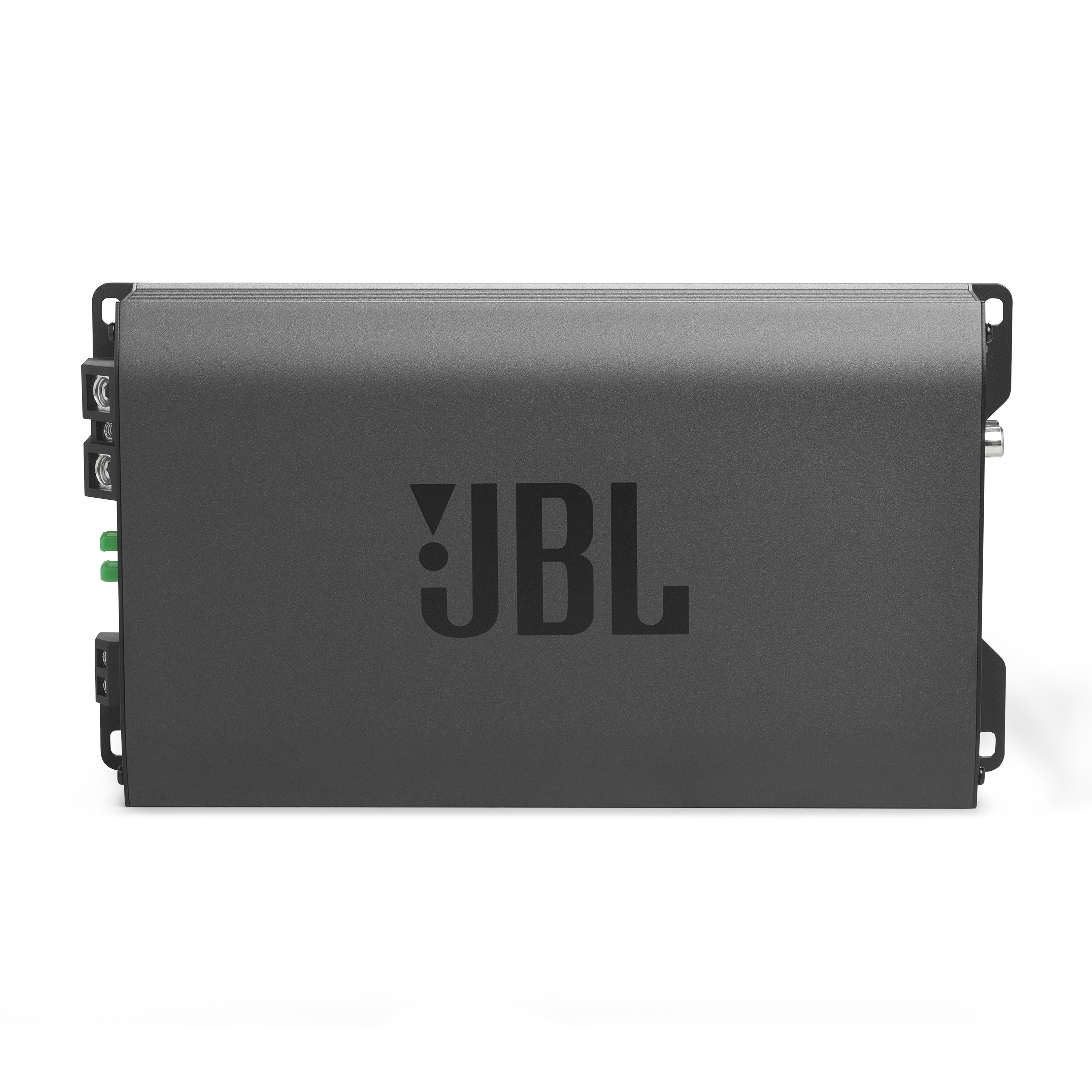 Grauer JBL-Verstärker, rechteckig, mit Markenlogo oben. Schwarze geriffelte Seiten. Schwarze Montagehalterungen.