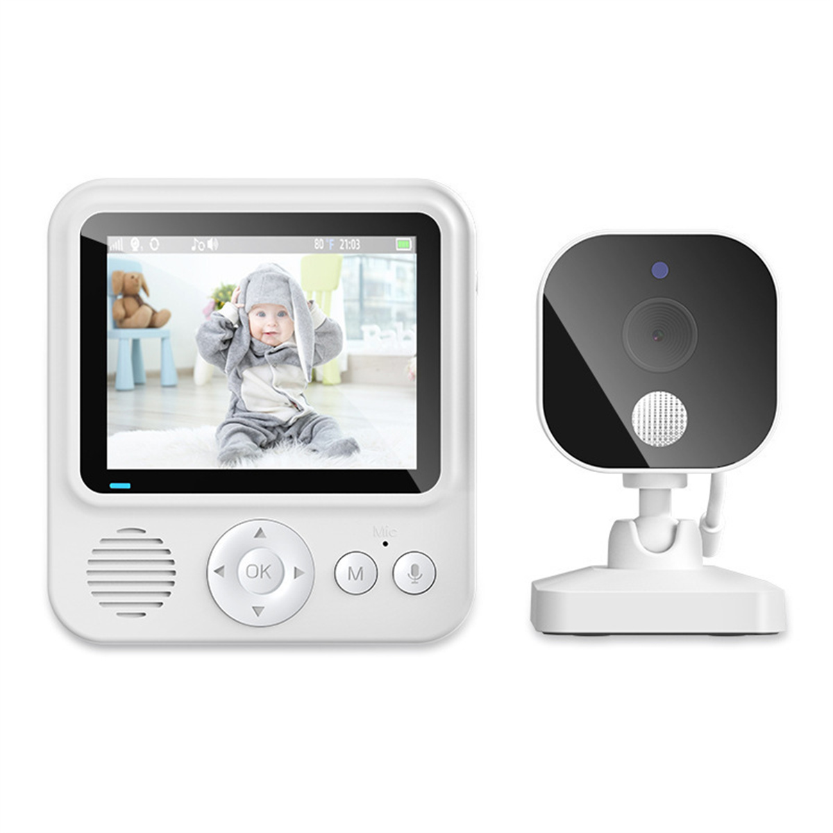 Ein Babyphone mit einem Baby auf dem Bildschirm und einer Kamera rechts.