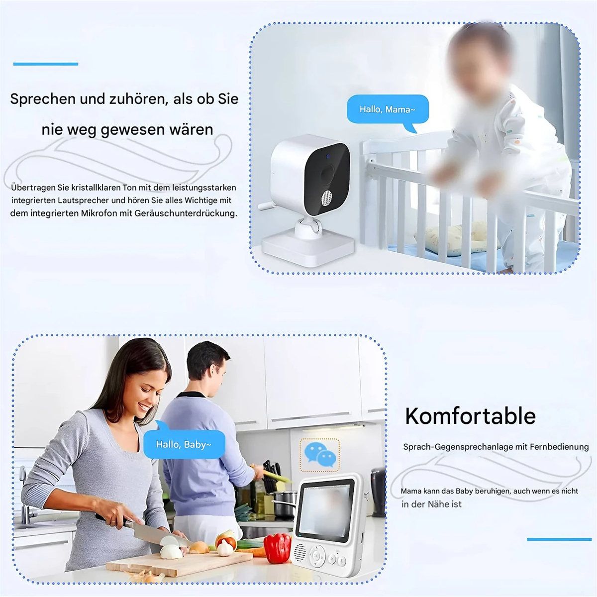 Babyfon-Setup mit Kamera und Bildschirm. Personen interagieren.