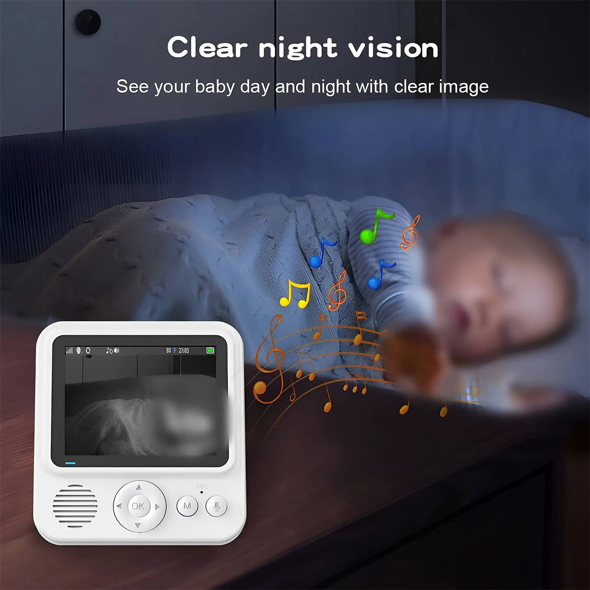 Babyphone-Bildschirm mit schlafendem Baby. Musiknoten schweben herum.