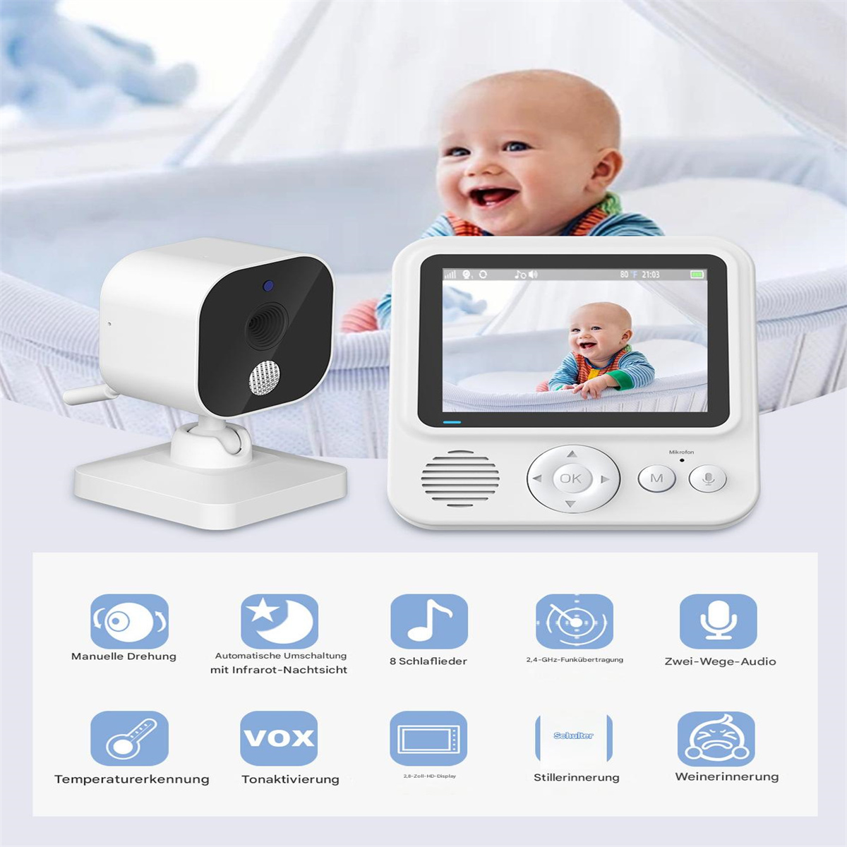 Babyphone mit Baby auf dem Bildschirm, Kamera und Bildschirm werden angezeigt. Baby lächelt im Hintergrund.