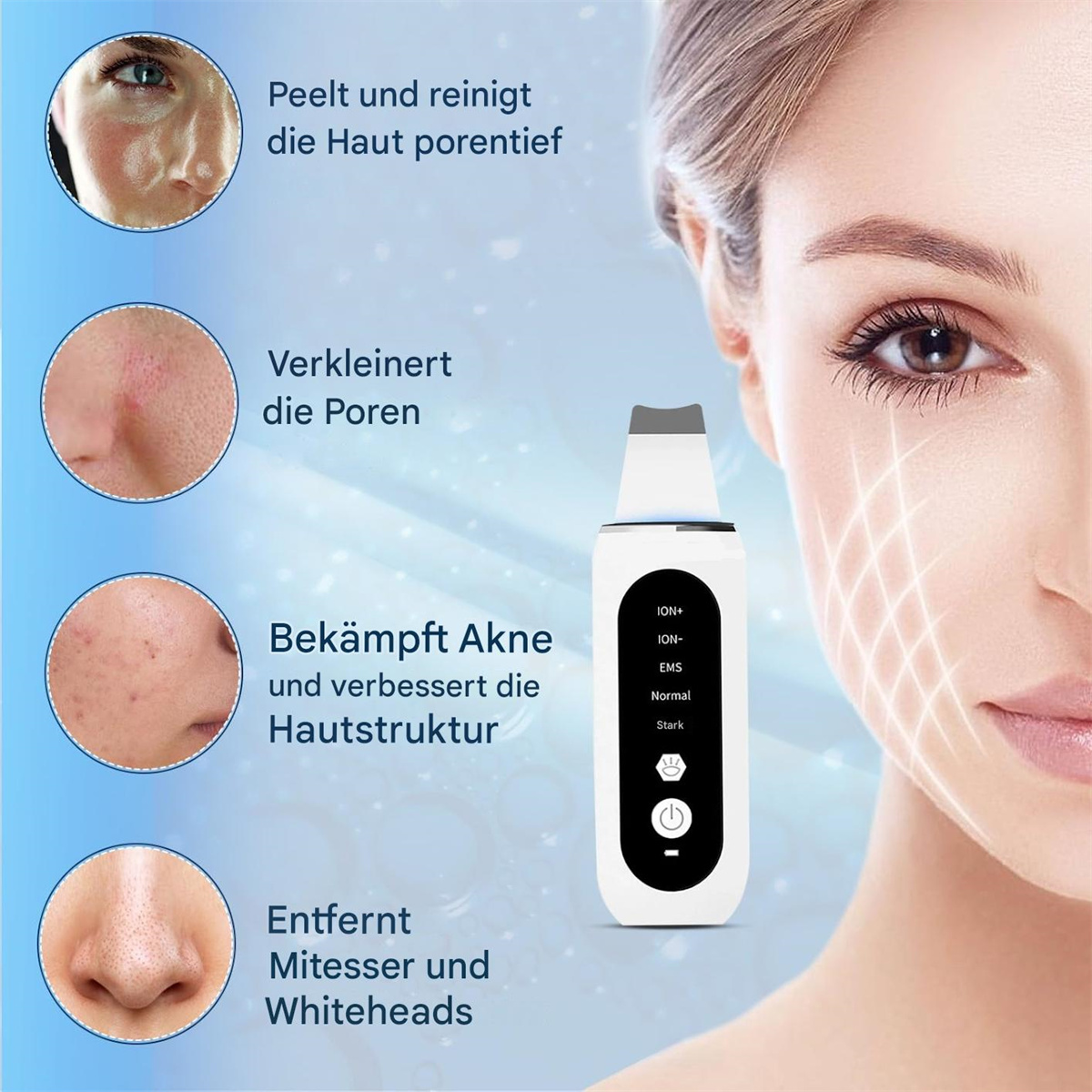Gesicht einer Frau mit Hautanalyse. Text beschreibt, wie das Gerät Mitesser, Akne entfernt und die Haut verbessert.