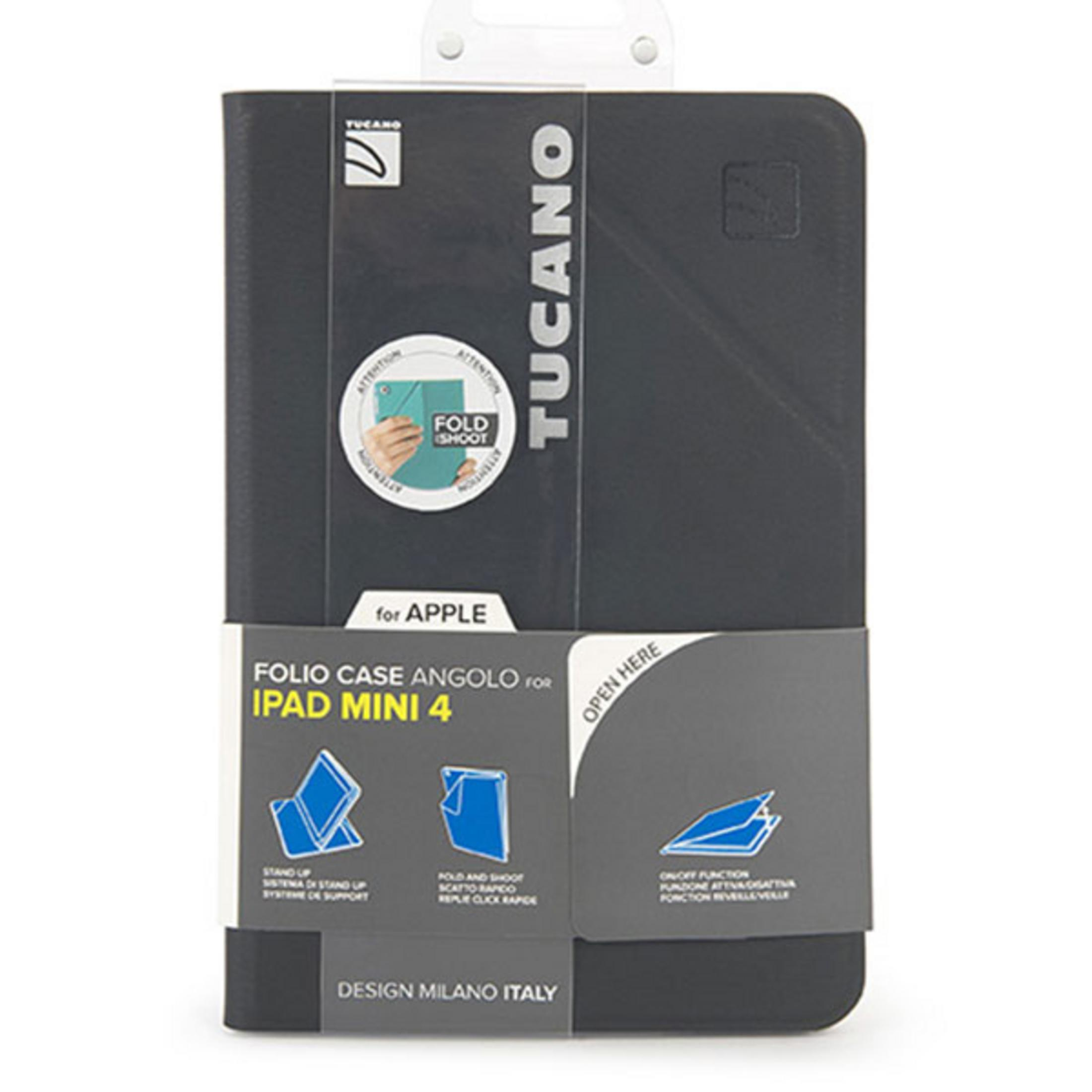 Étui folio Tucano noir pour iPad Mini 4. L'emballage montre un étui noir et des schémas de fonctionnement.
